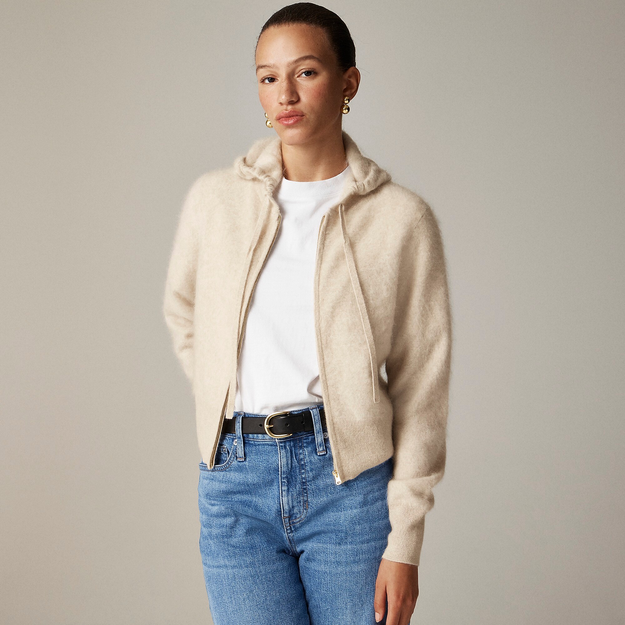 Brushed cashmere zip-up sweatshirt-Hthr Linen