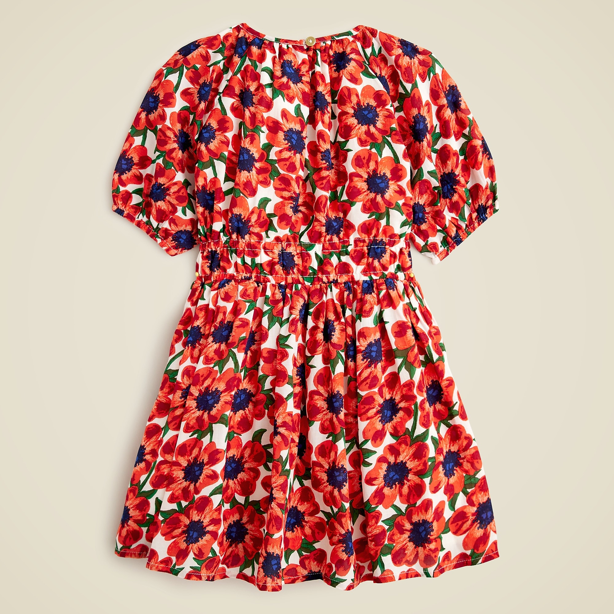 Girls' puff-sleeve dress in cotton voile floral-Ivory Red Floral