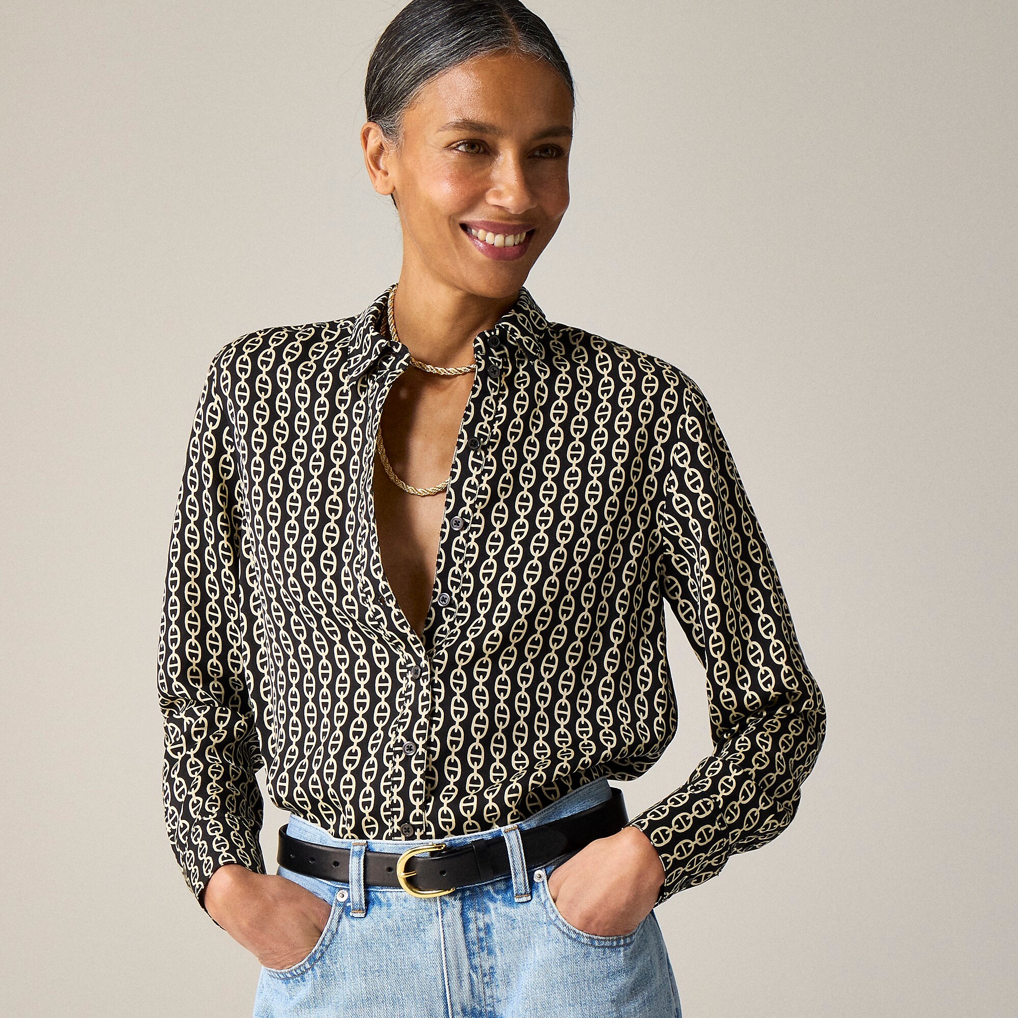 Drapey button-up shirt in chain-print viscose twill