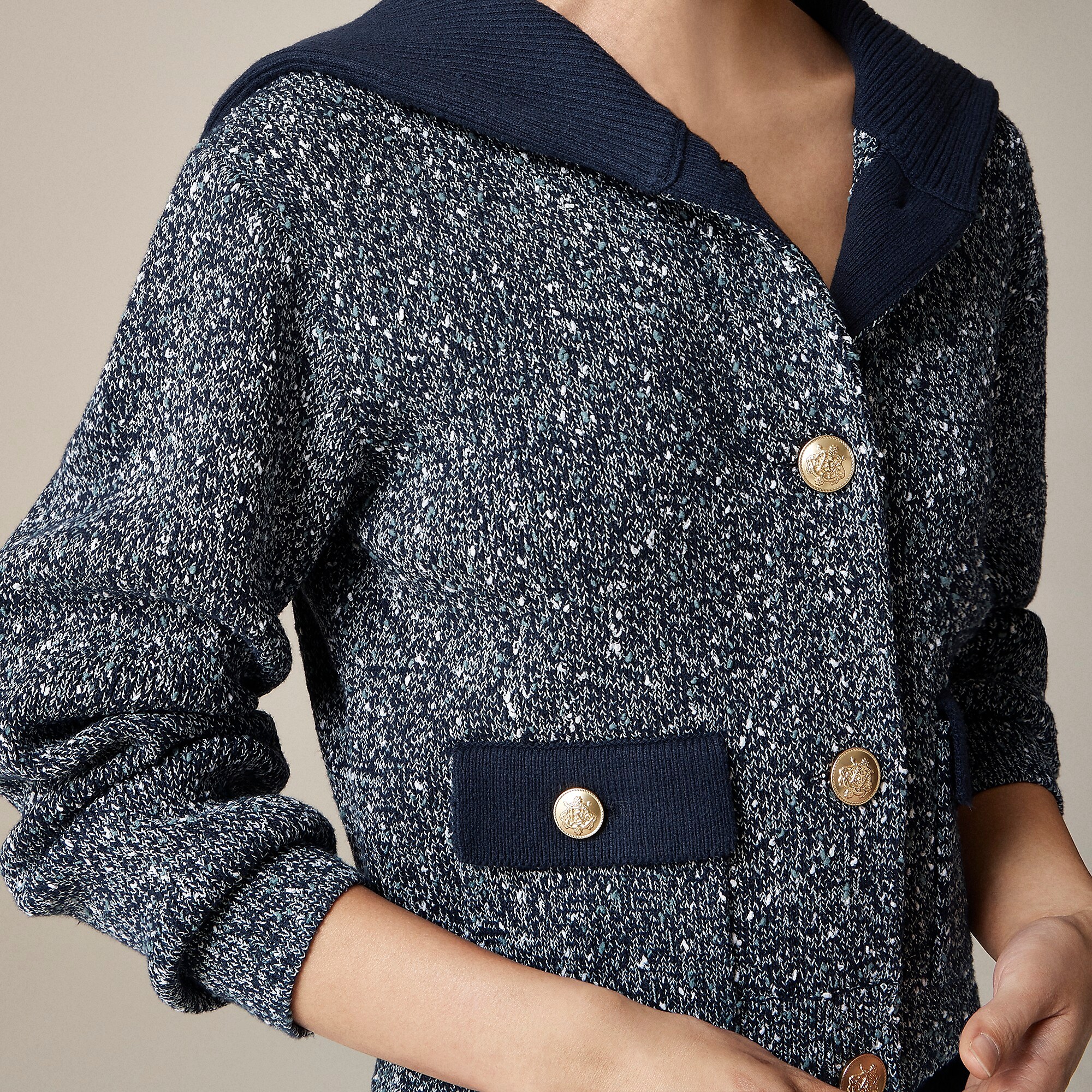 Marled sailor-collar cardigan sweater-Navy Marl