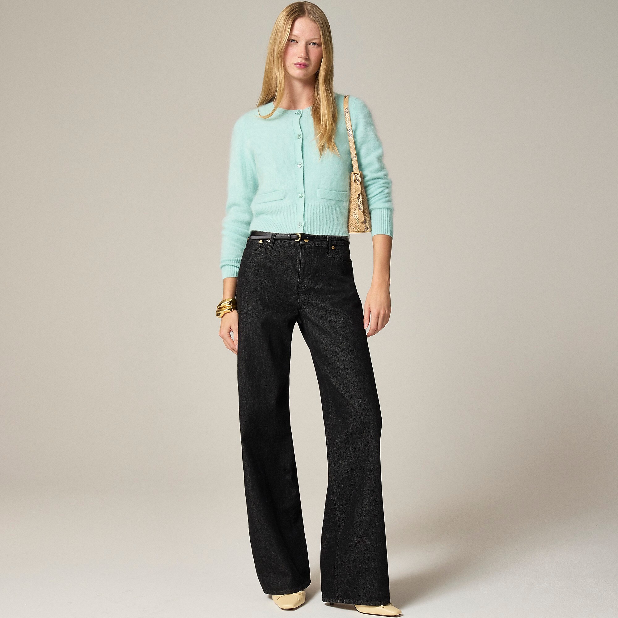 Brushed cashmere embellished cardigan sweater-Faded Mint