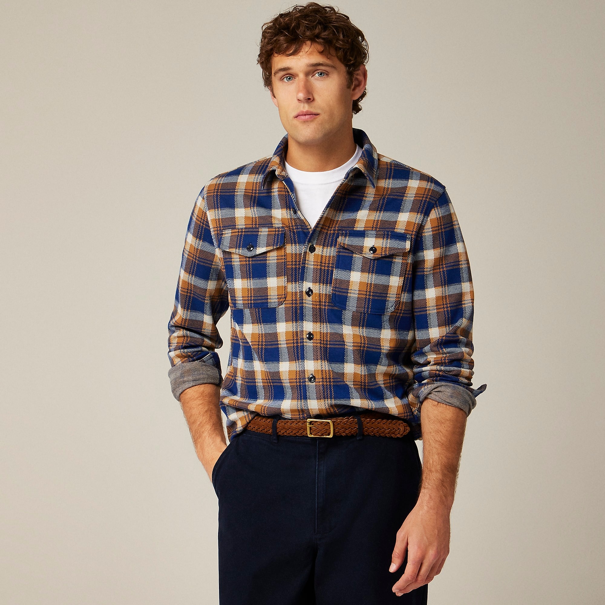 Seaboard soft-knit shirt in plaid- Martin Brown Navy