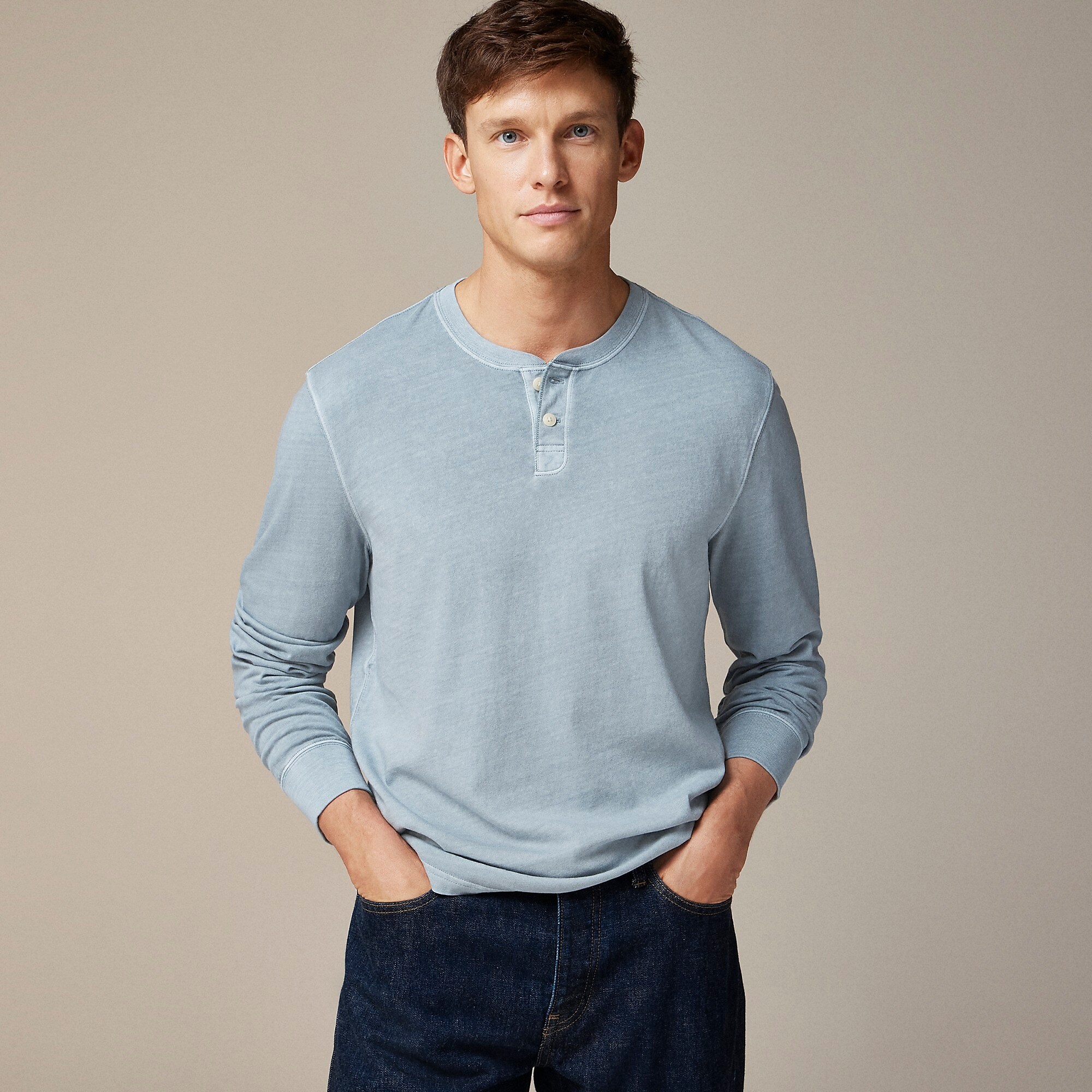 Vintage-wash cotton henley-Alhambra Green