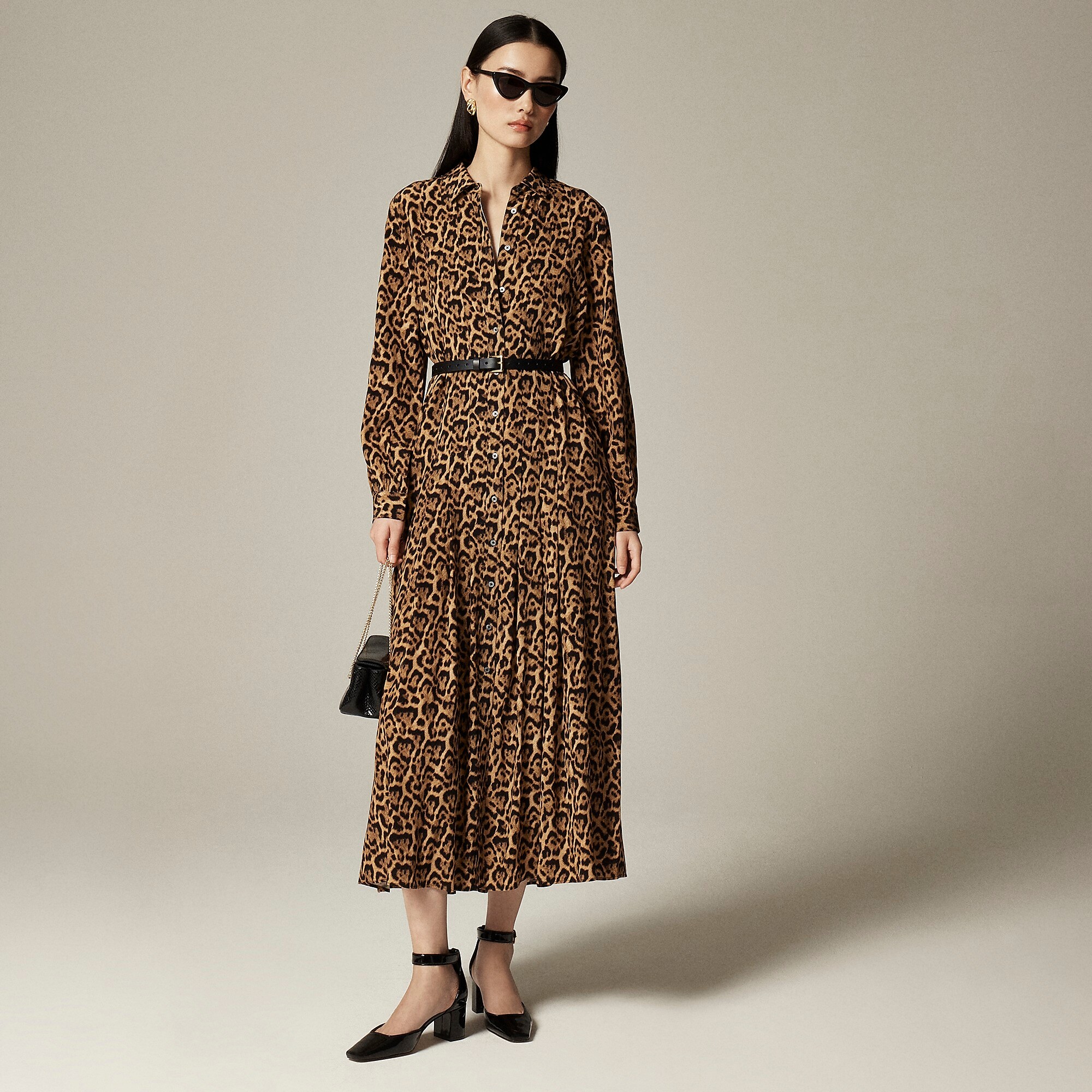 Drapey pleated shirtdress in leopard print-Brown