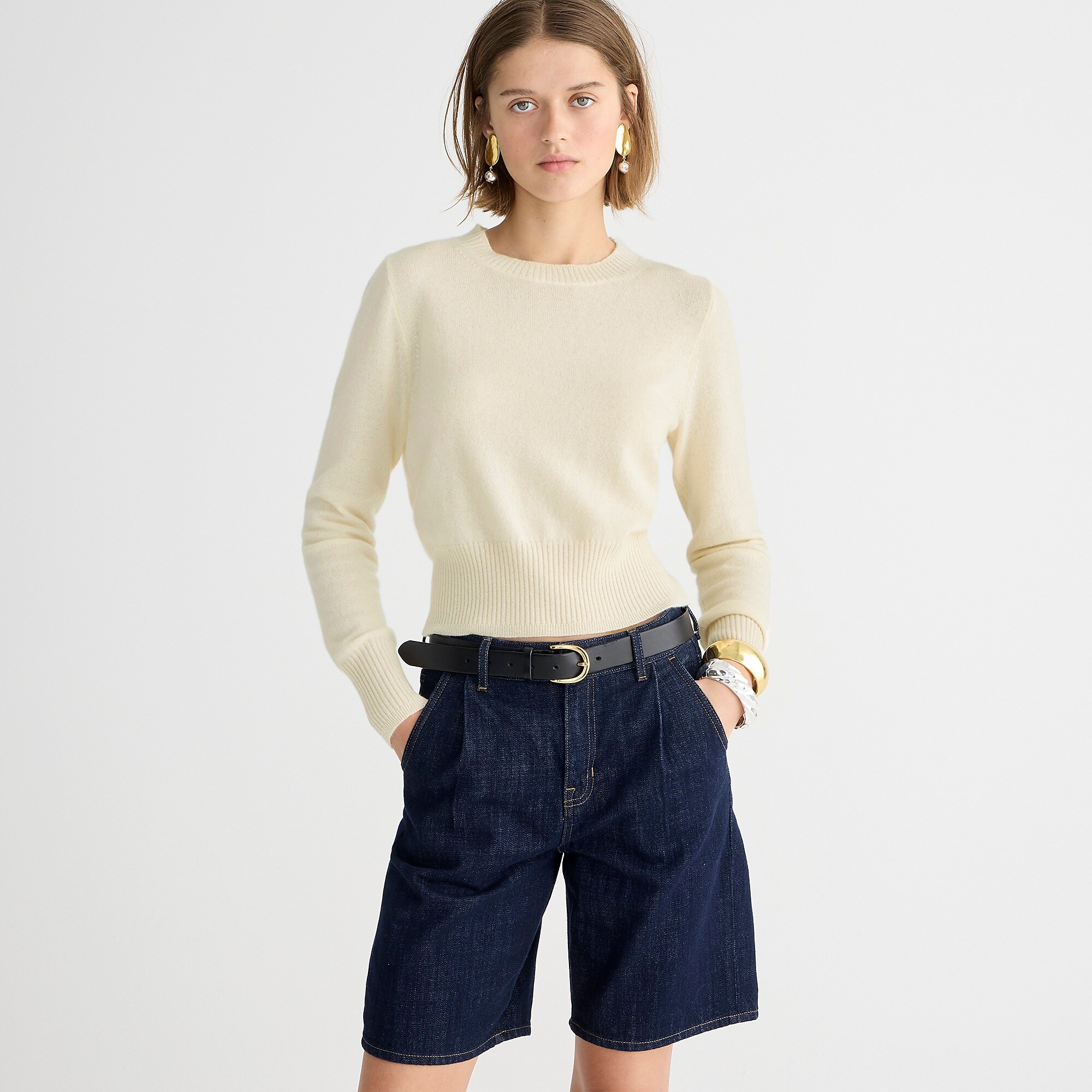 Cashmere shrunken crewneck sweater-Hthr Muslin