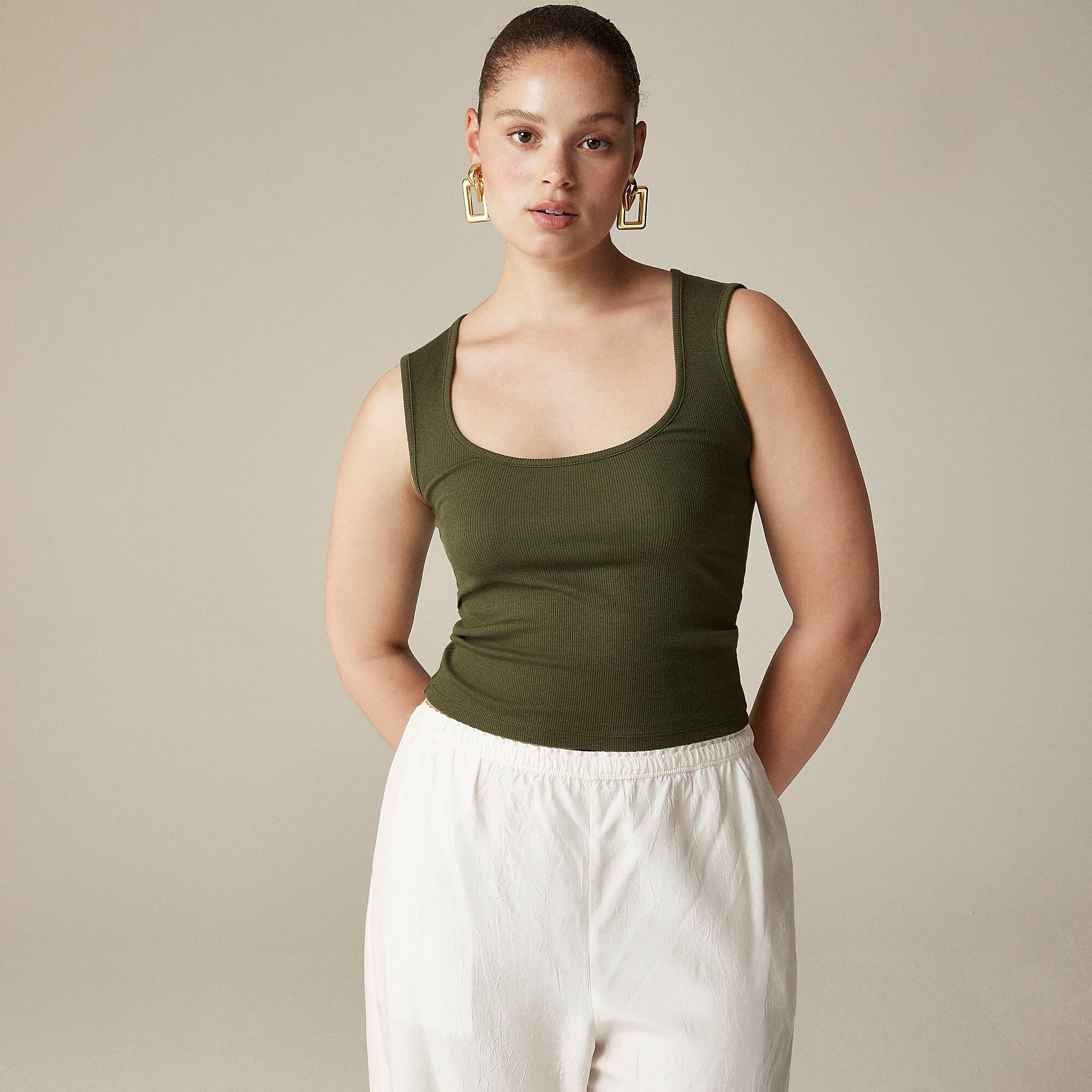 Cropped fine rib scoopneck tank top-Rich Olive