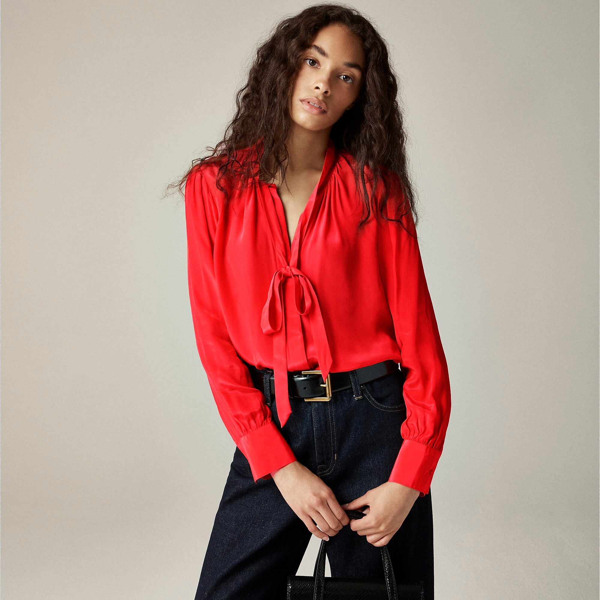 Tie-neck top in crepe de chine-Candy Apple