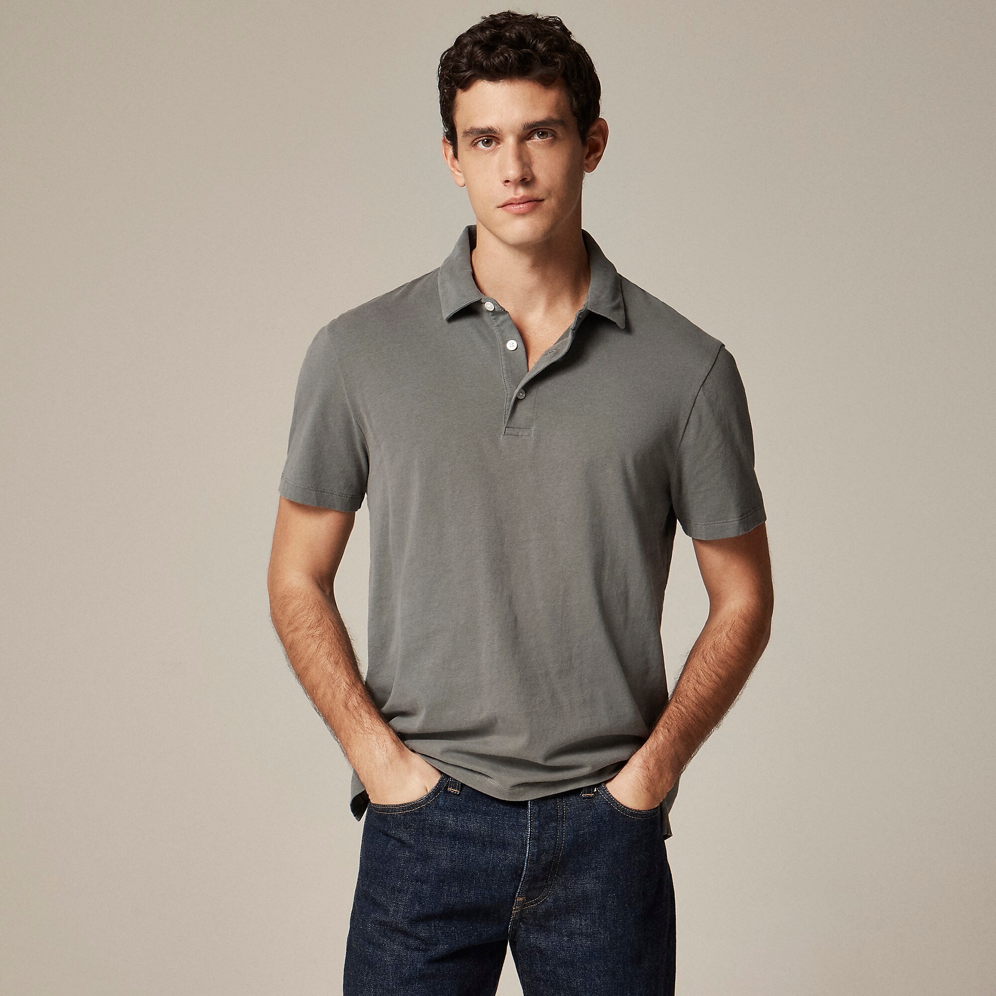 Sueded cotton polo shirt in stripe-Dusty Charcoal