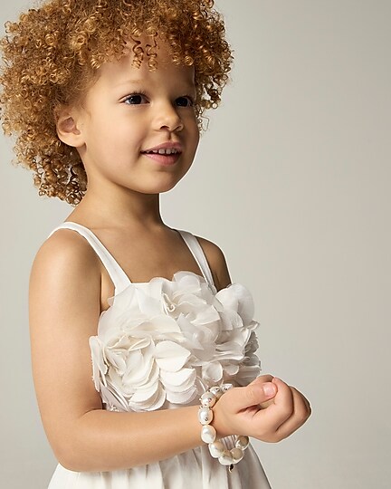 Girls' floral appliqué midi dress in sateen cotton-Ivory