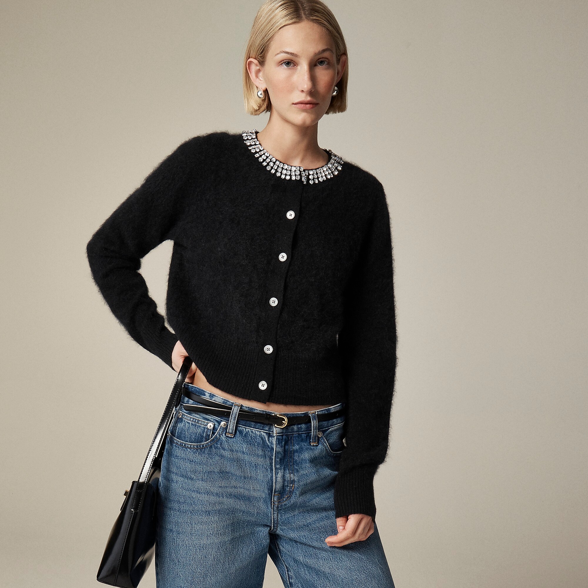 Brushed cashmere embellished cardigan sweater-Black