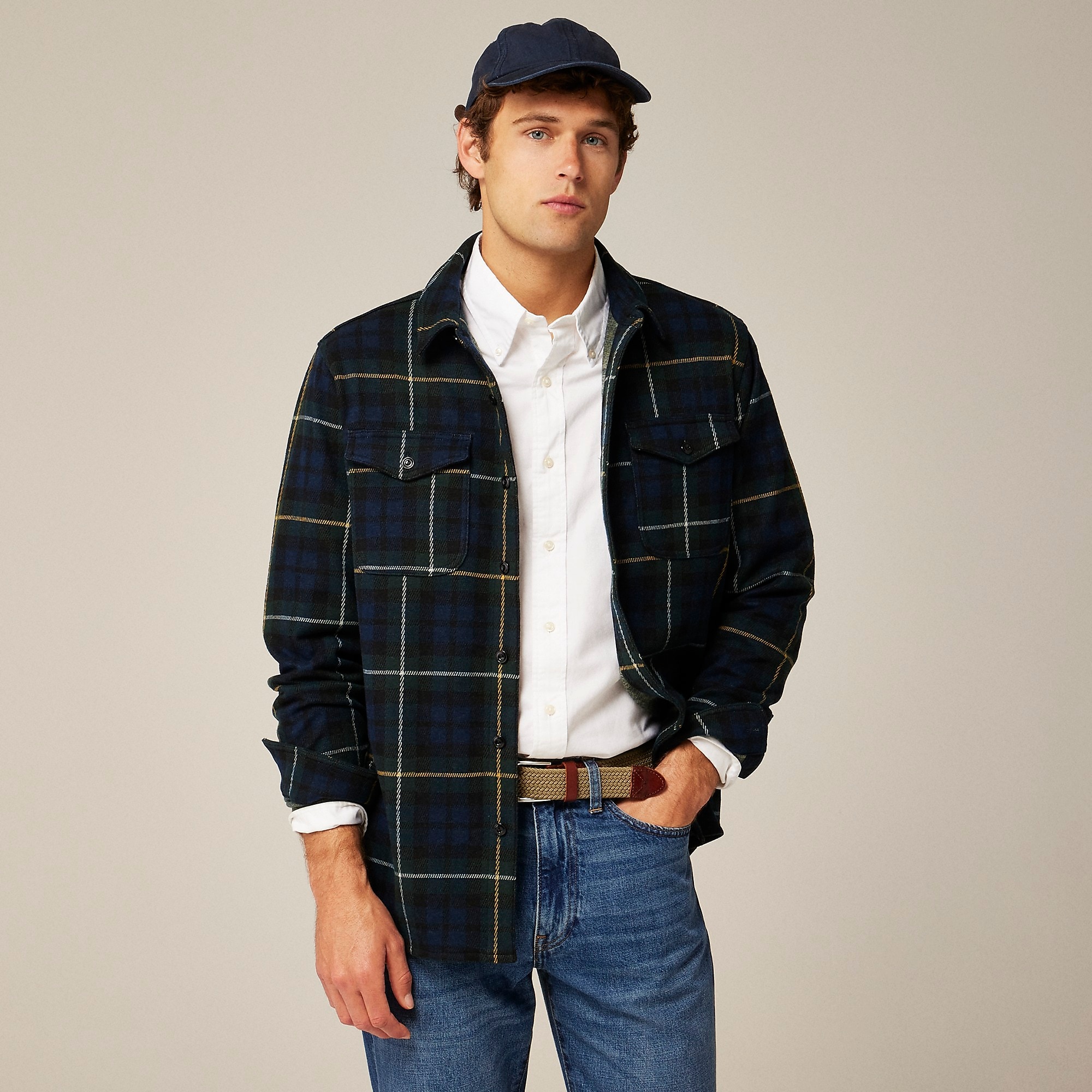 Seaboard soft-knit shirt in plaid-Keith Navy Green