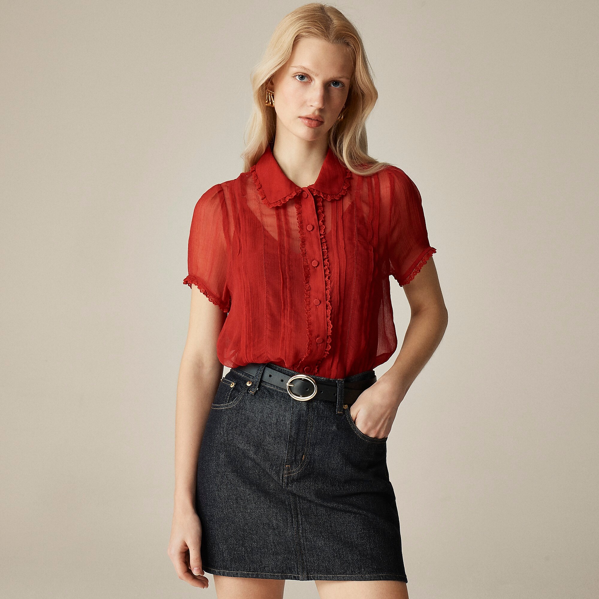 Sheer lace-trim button-up shirt in dot crinkle chiffon-Persian Red
