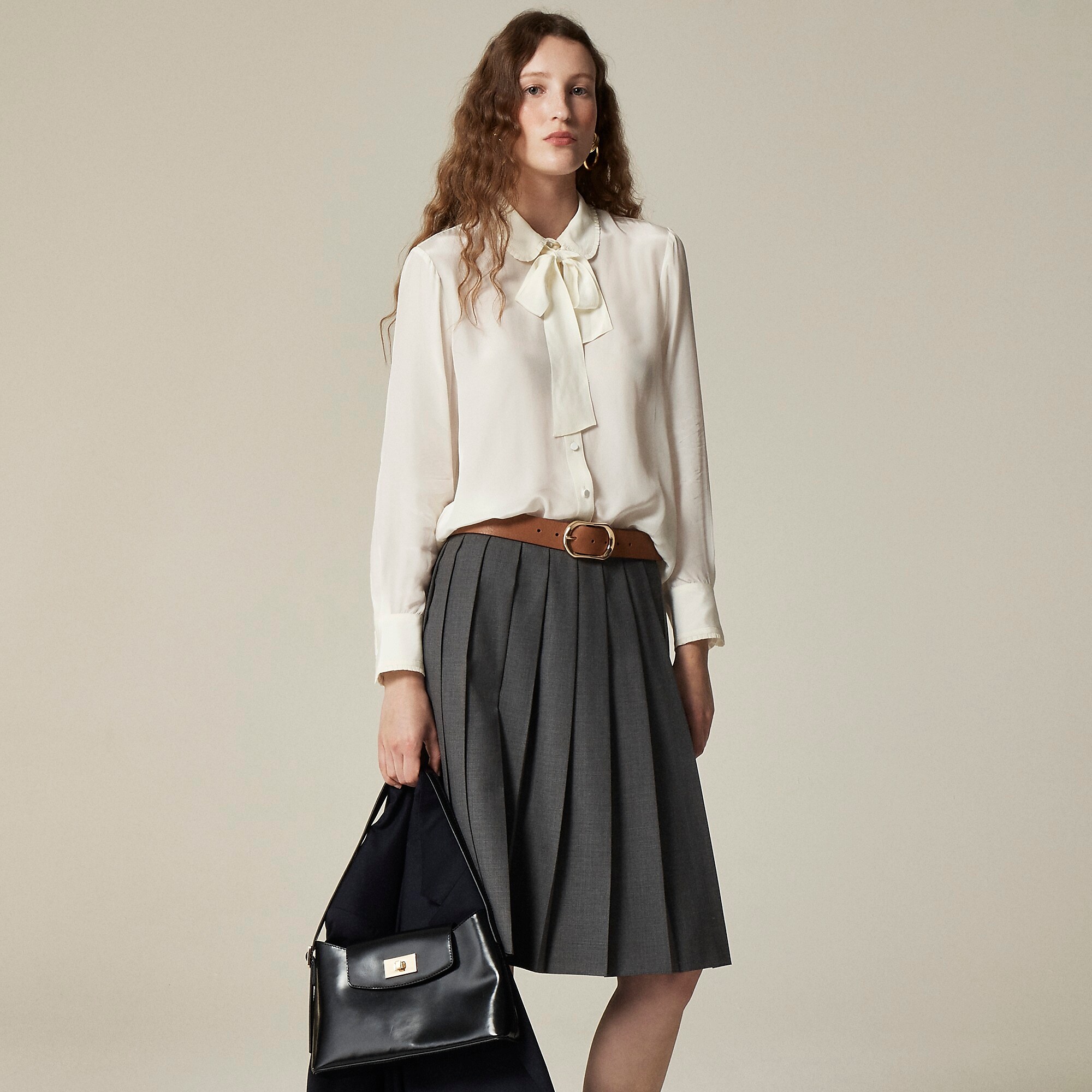 Removable tie-neck button-up shirt in striped crepe de chine-Ivory