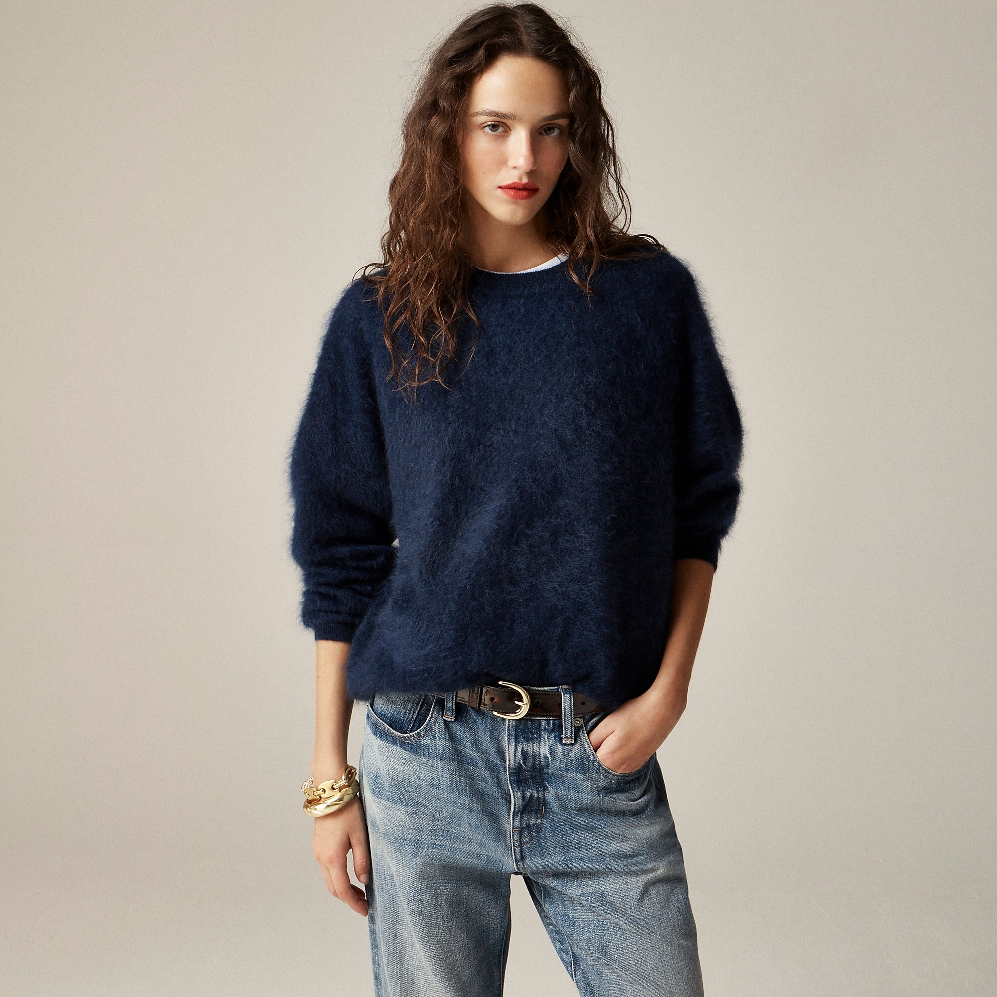 Brushed cashmere relaxed crewneck sweater-Navy