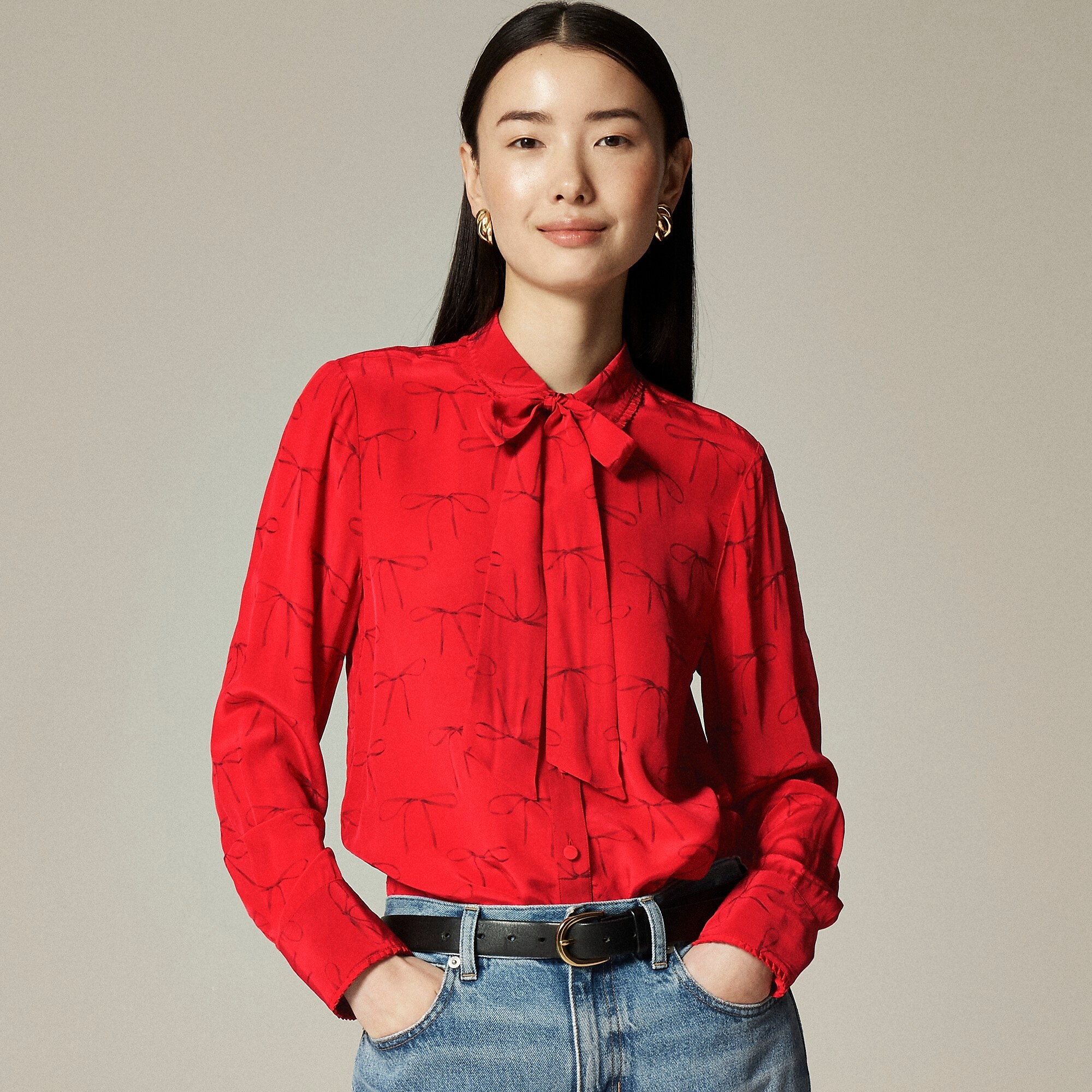 Removable tie-neck button-up shirt in striped crepe de chine-Red