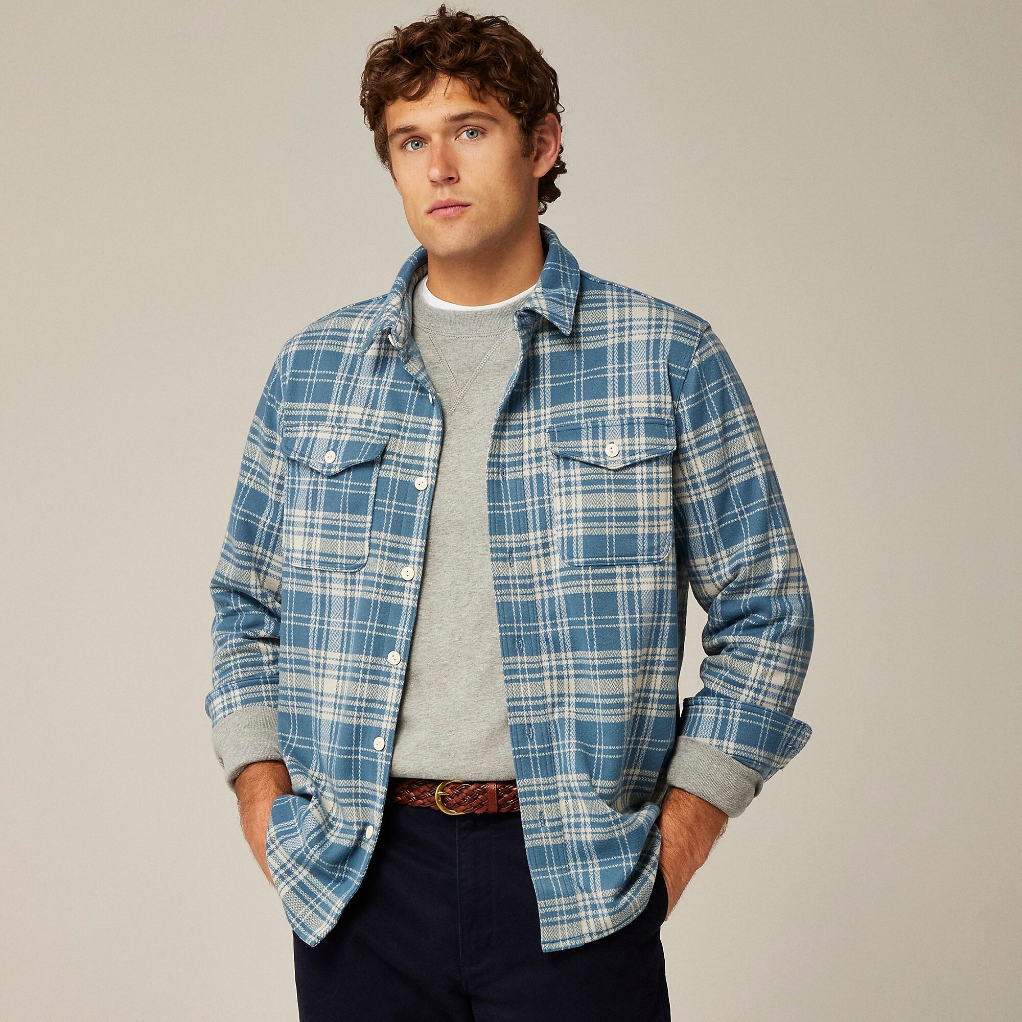 Seaboard soft-knit shirt in plaid-Mike Blue Ivory
