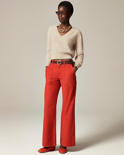 Brushed cashmere cropped V-neck sweater-Hthr Linen
