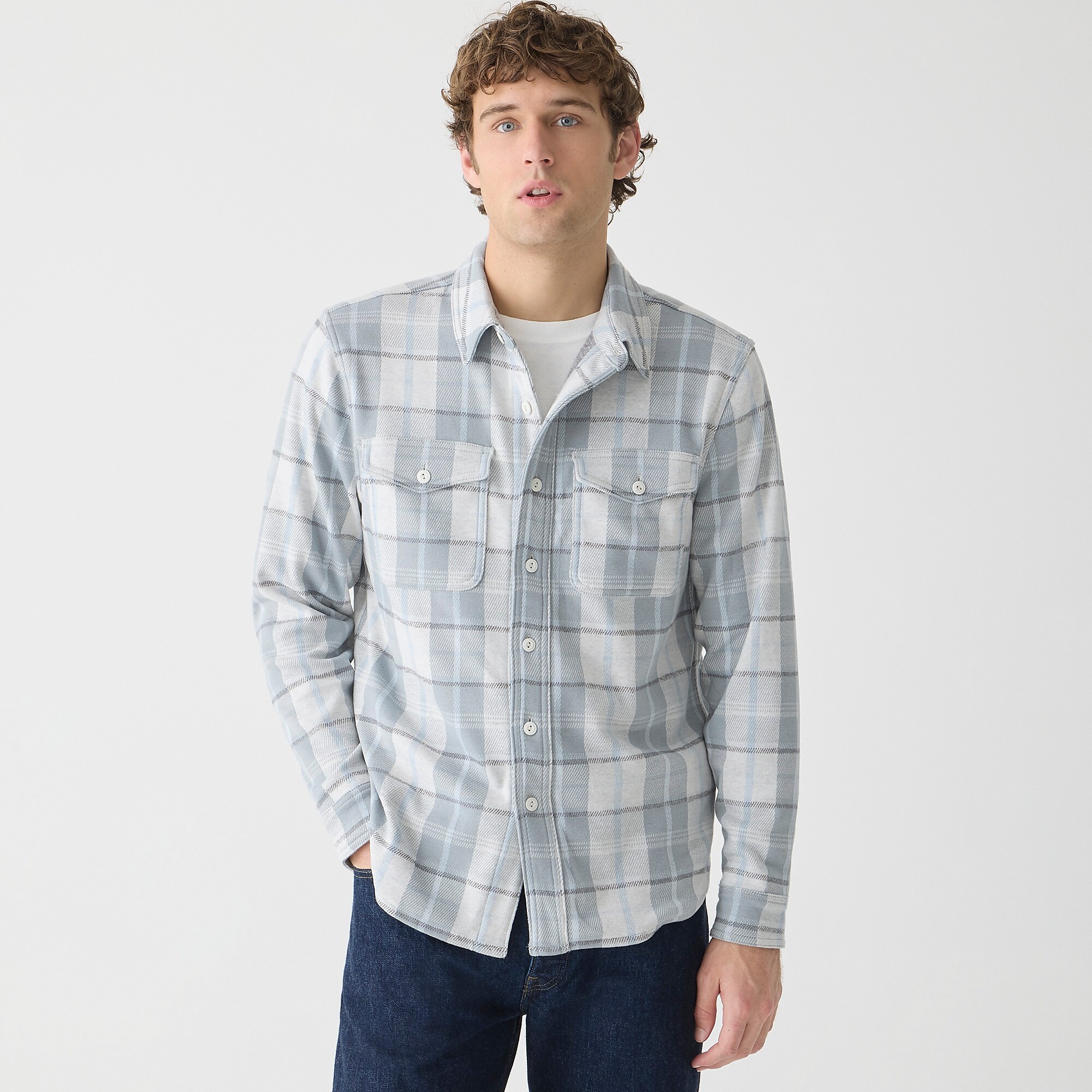 Seaboard soft-knit shirt in plaid-Jackson Ivory Grey