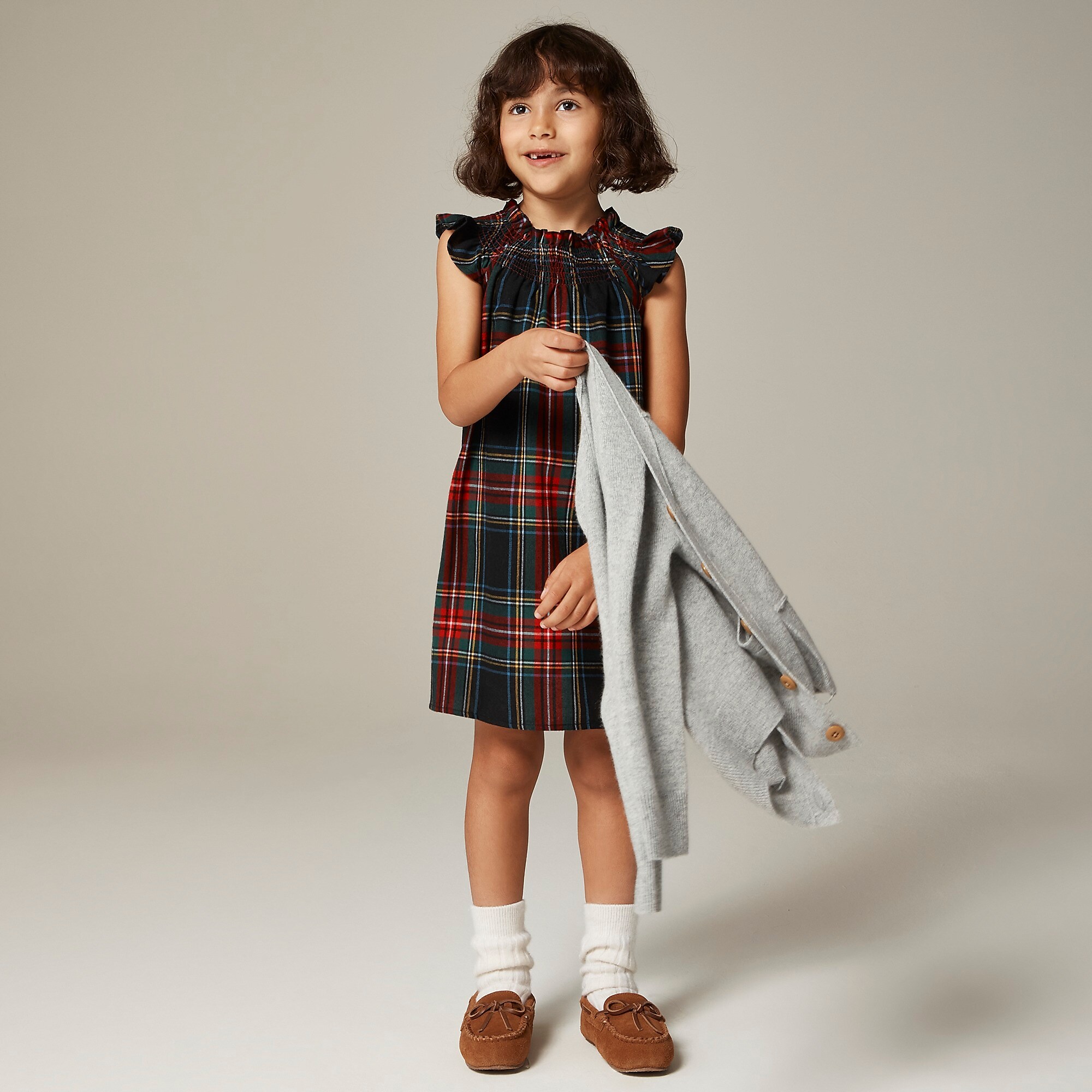 Girls' smocked flannel nightgown in tartan-Black Red Tartan
