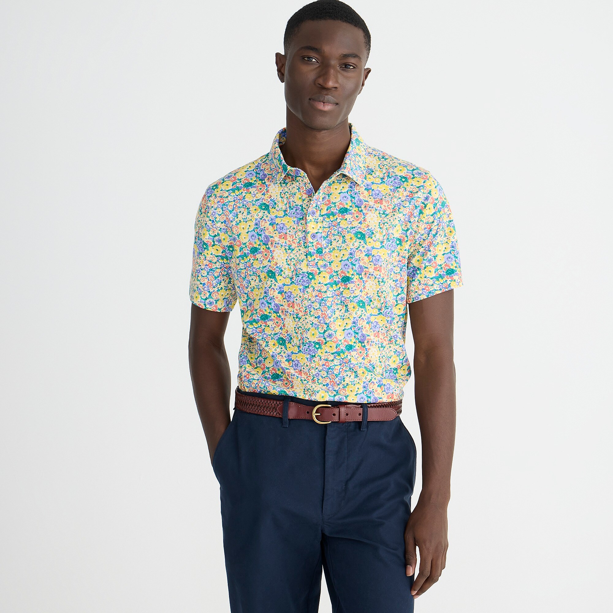 Performance polo shirt with COOLMAX® in print-Barley Flower Yellow Vi
