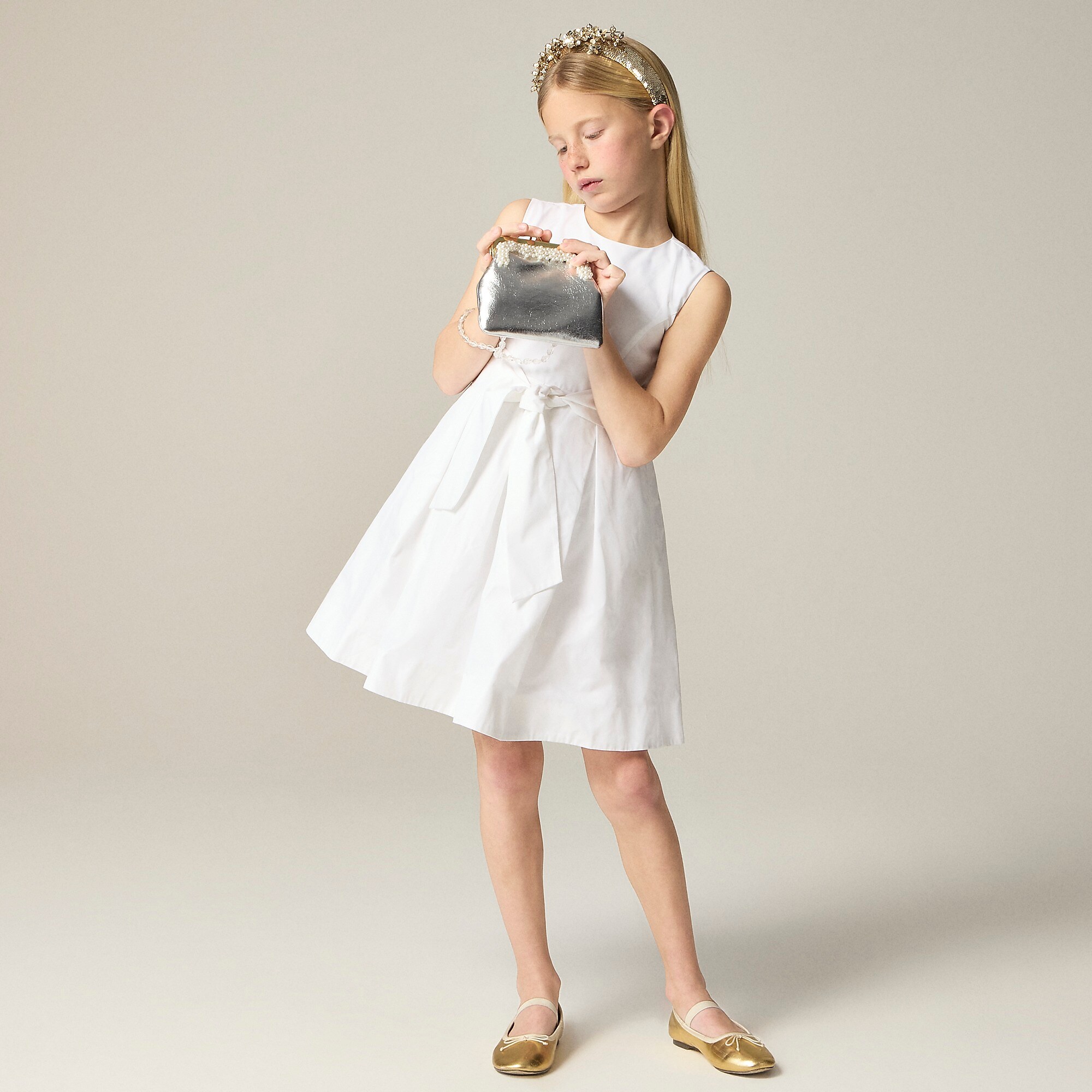 Girls' pleated bow dress in taffeta-White