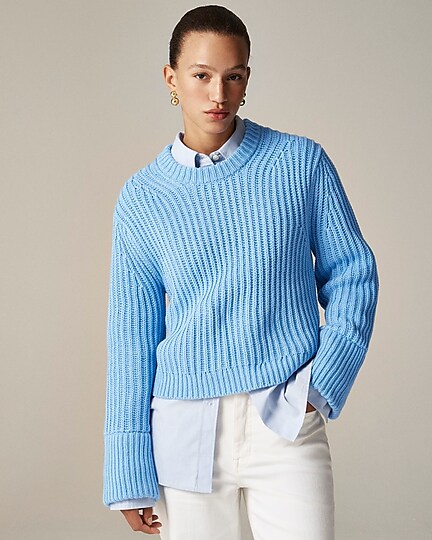 Heritage cotton fisherman crewneck sweater in stripe-Pale Cerulean
