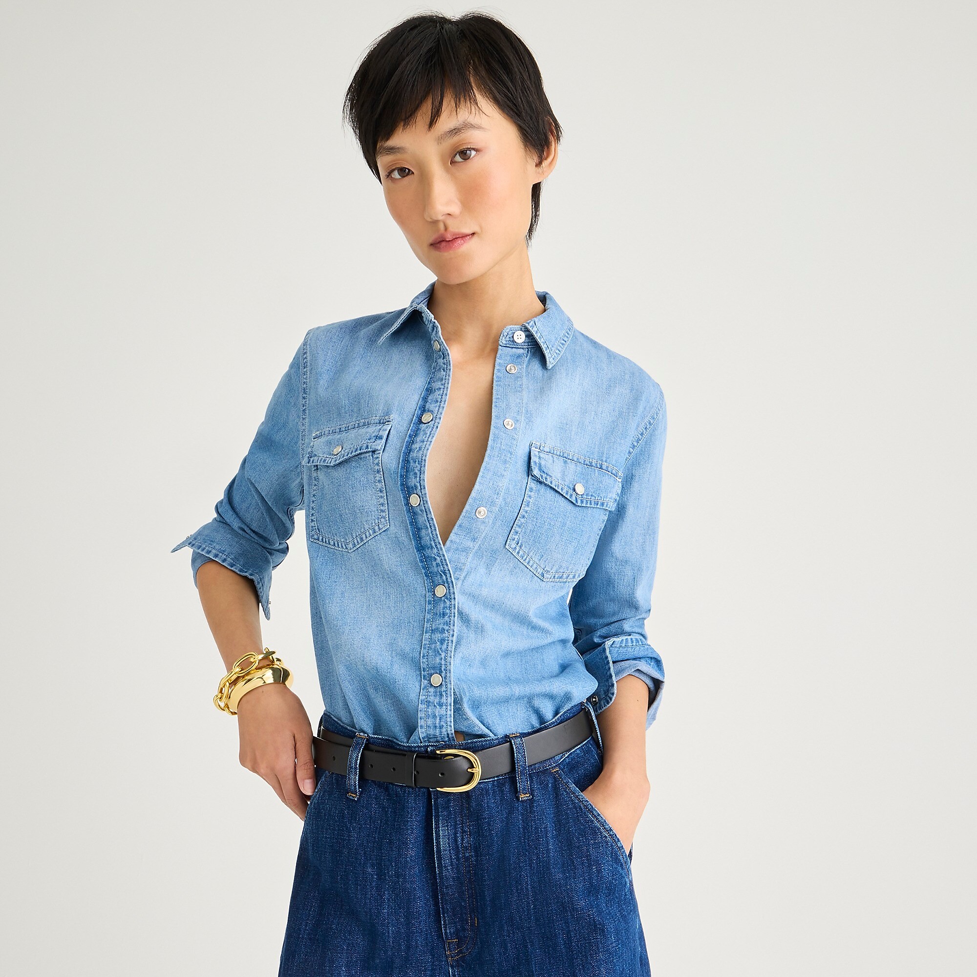 Tall Wren slim western shirt in light wash chambray
