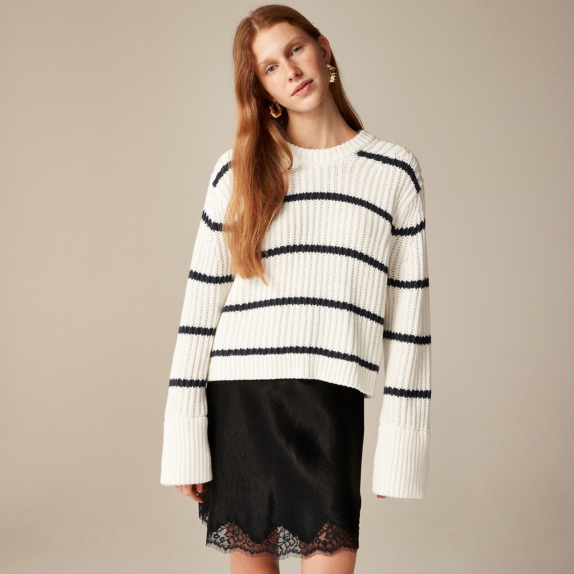 Heritage cotton fisherman crewneck sweater in stripe-Ivory Navy