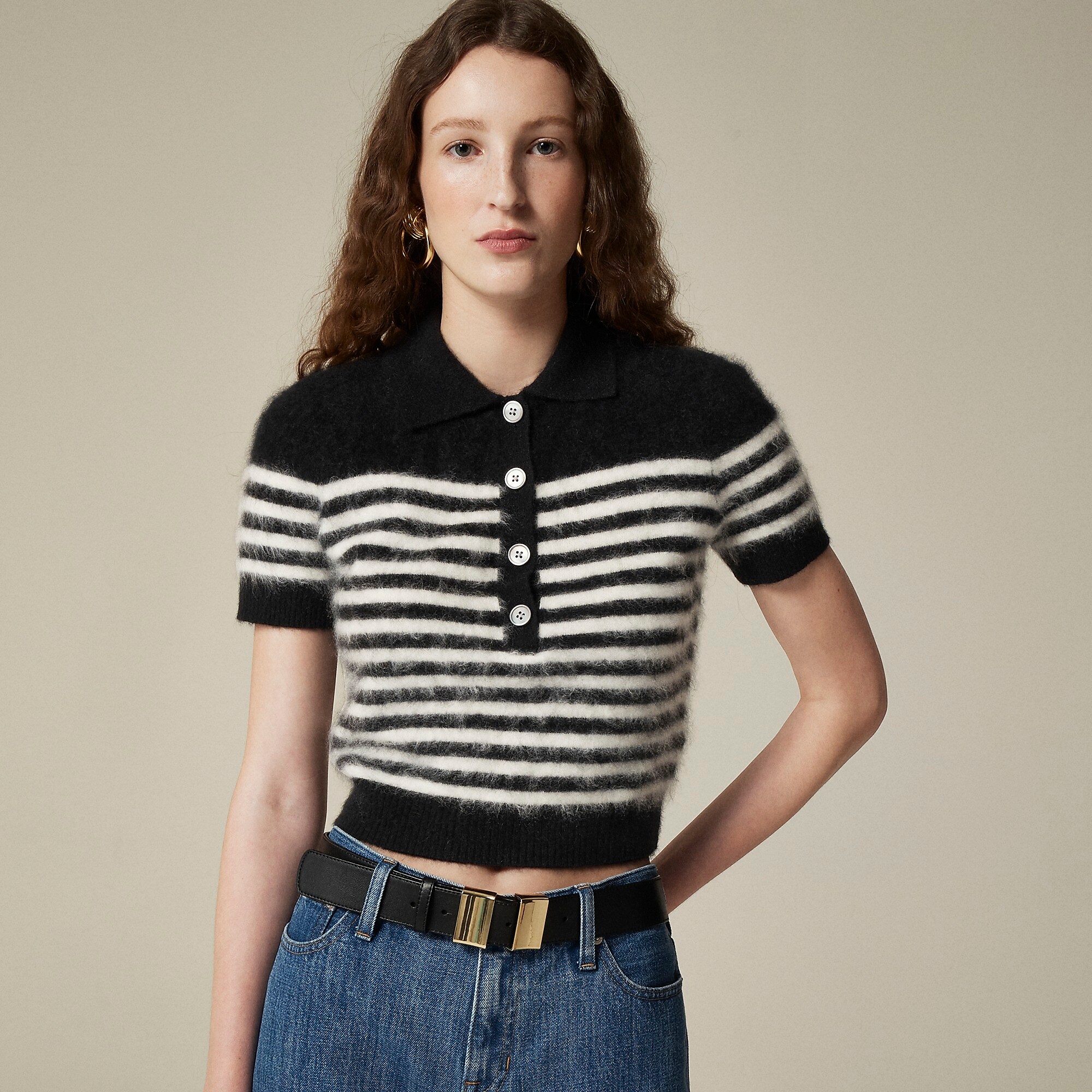 Brushed cashmere short-sleeve sweater-polo in stripe-Black Ivory
