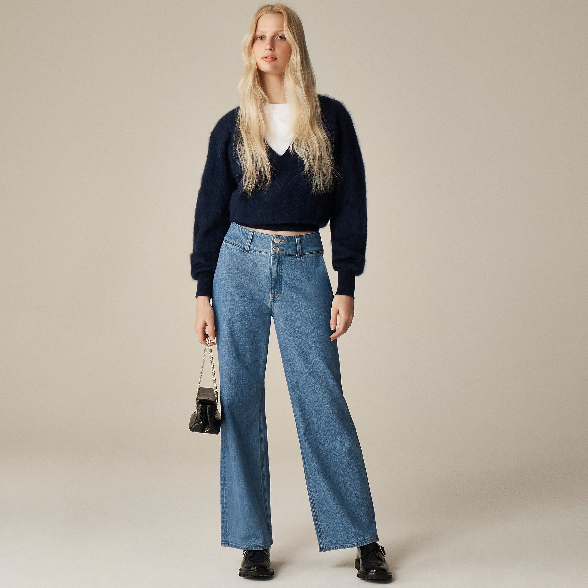 Slim-wide jean with stacked-button-Elaine Wash