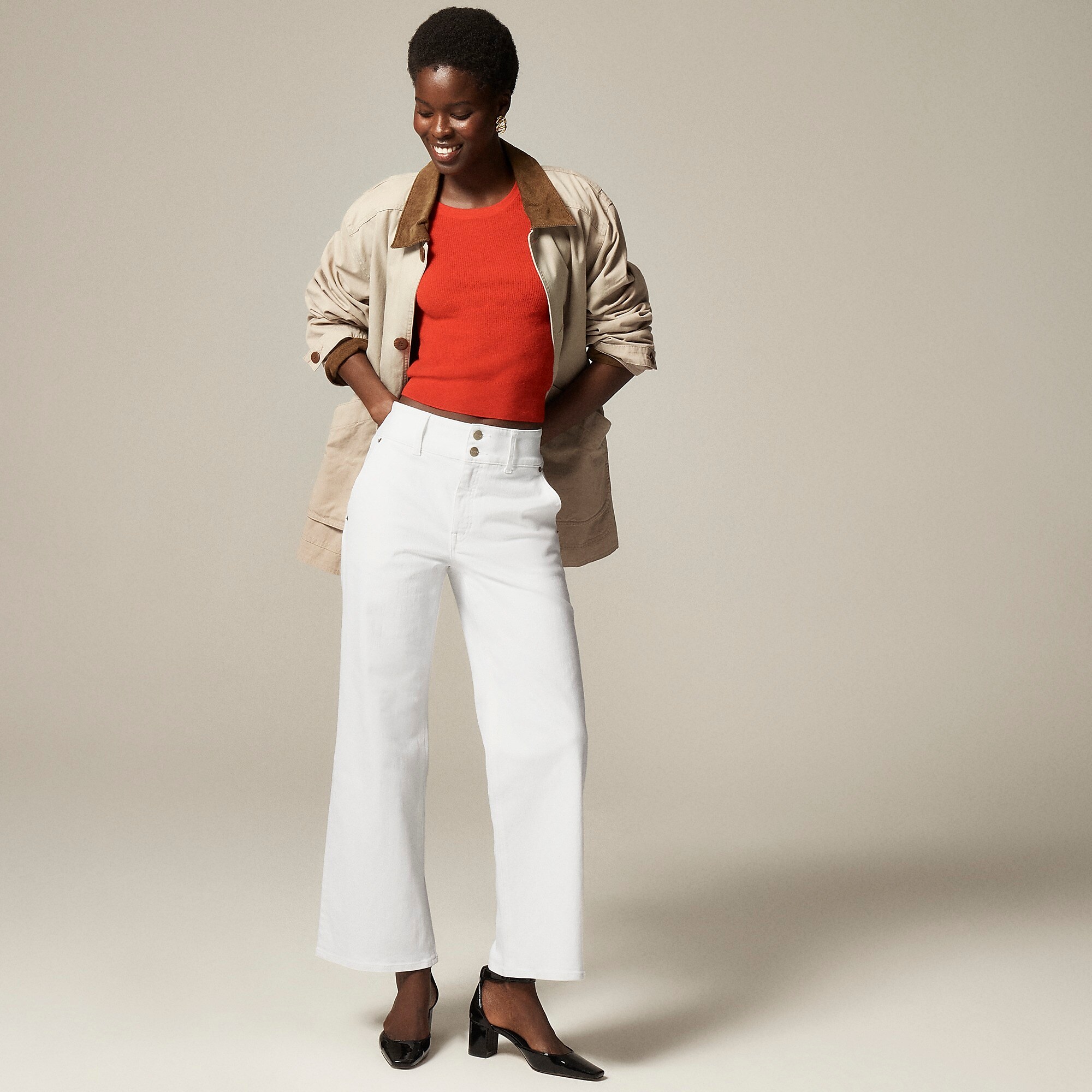 Slim-wide jean with stacked-button-White Denim