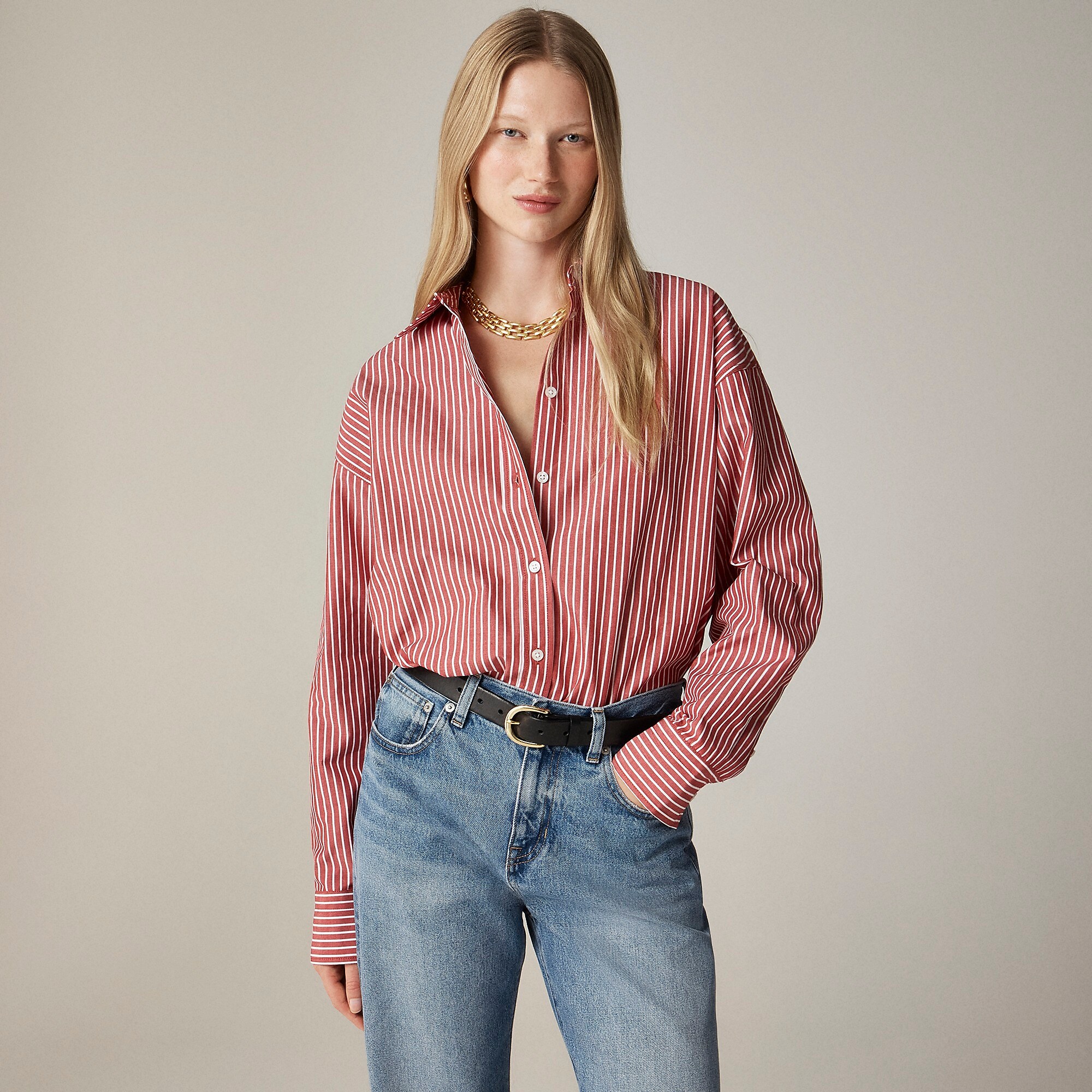 Étienne oversized shirt in striped cotton poplin-Persian Red