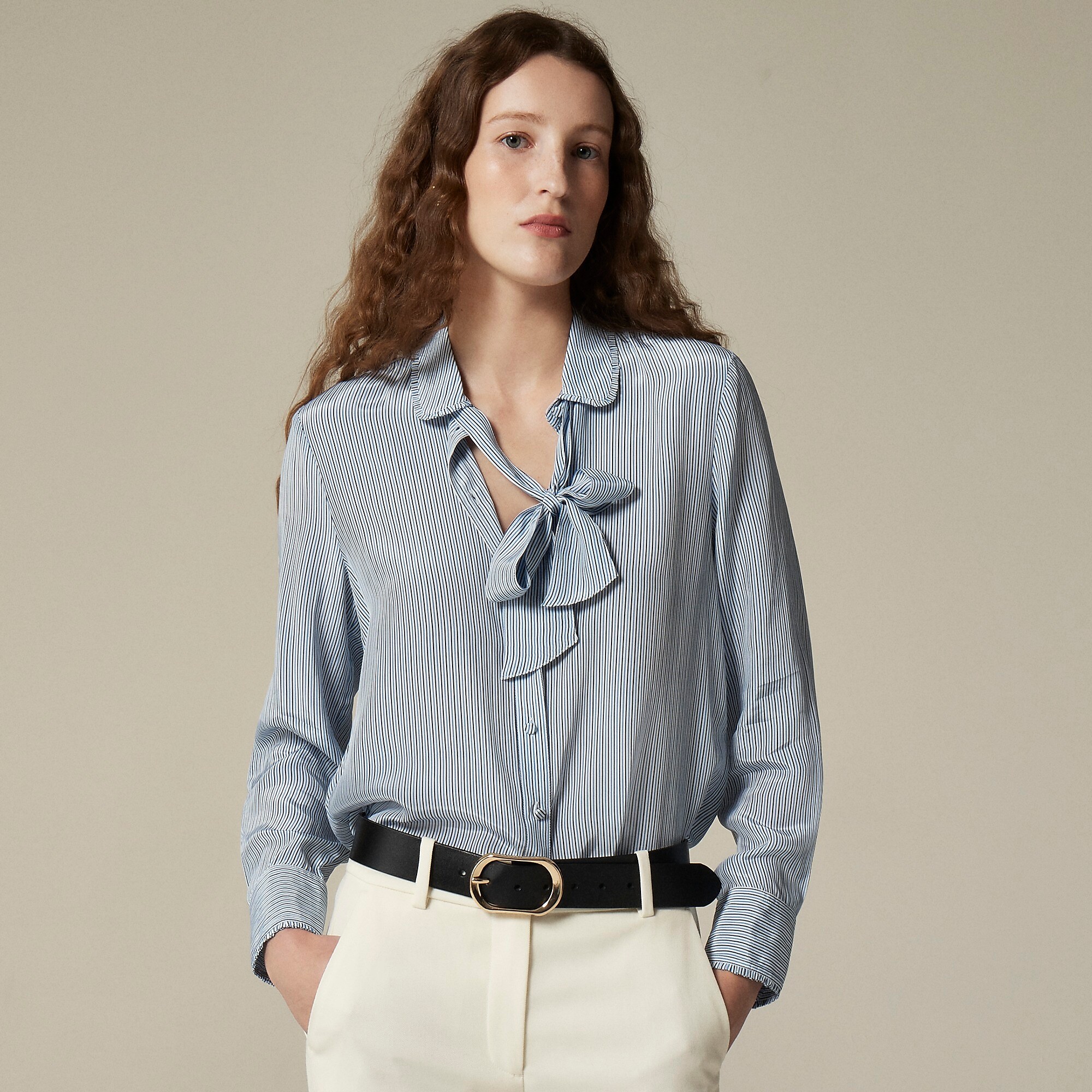Removable tie-neck button-up shirt in striped crepe de chine-Ivory Blue