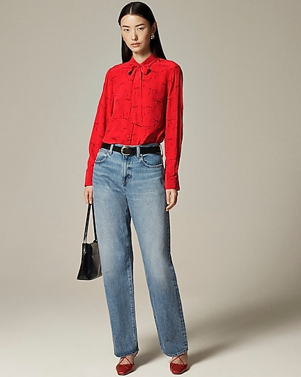 Removable tie-neck button-up shirt in striped crepe de chine-Red