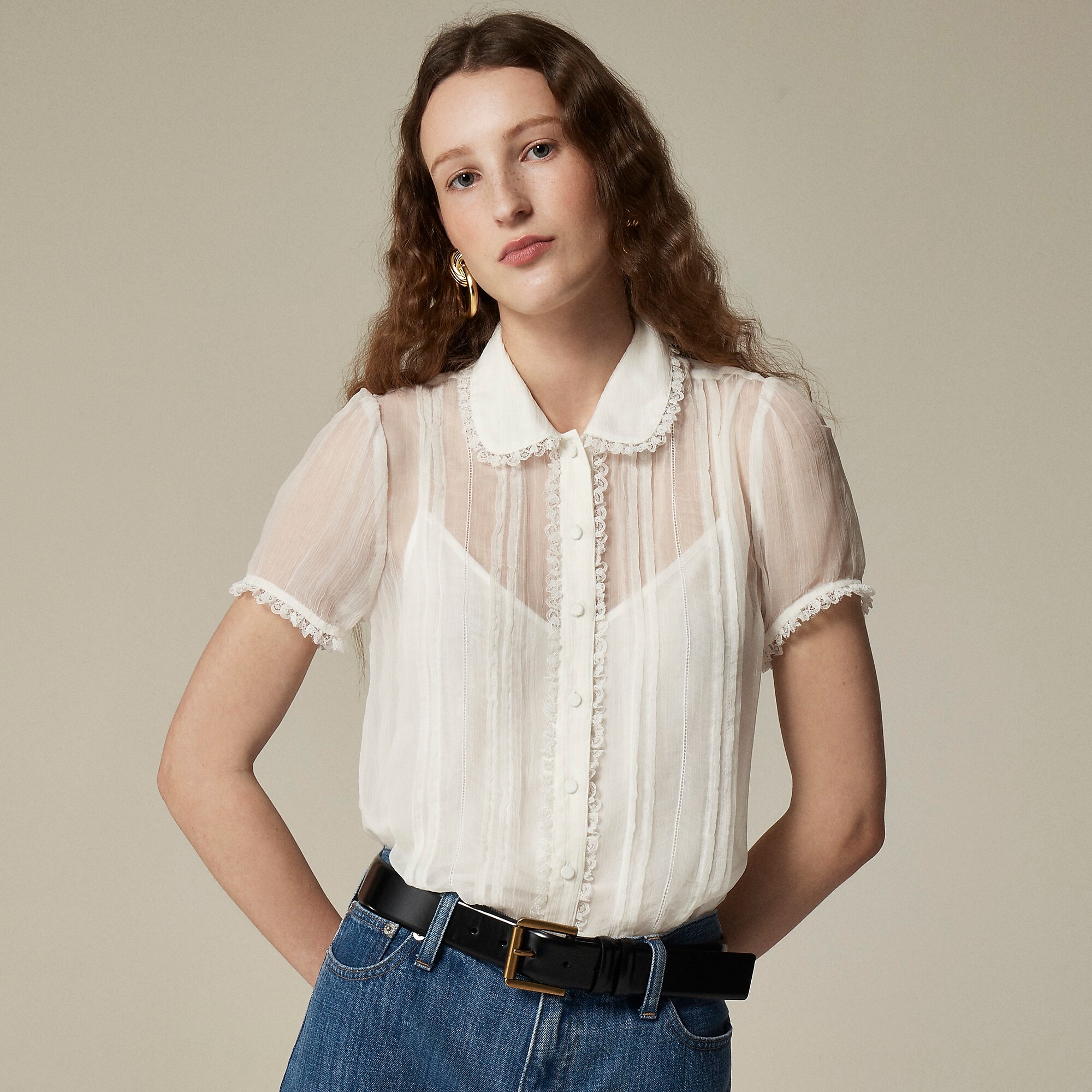 Sheer lace-trim button-up shirt in dot crinkle chiffon-Ivory