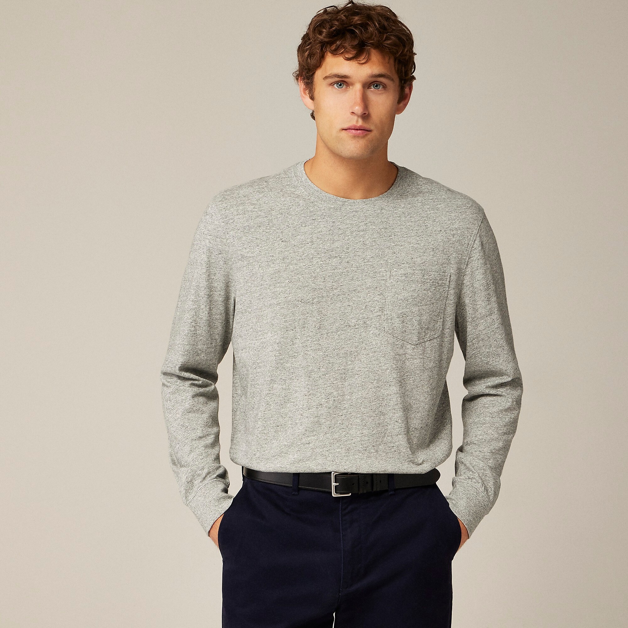 Long-sleeve vintage-wash cotton pocket T-shirt-Hthr Tin