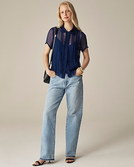 Sheer lace-trim button-up shirt in dot crinkle chiffon-Dark Evening