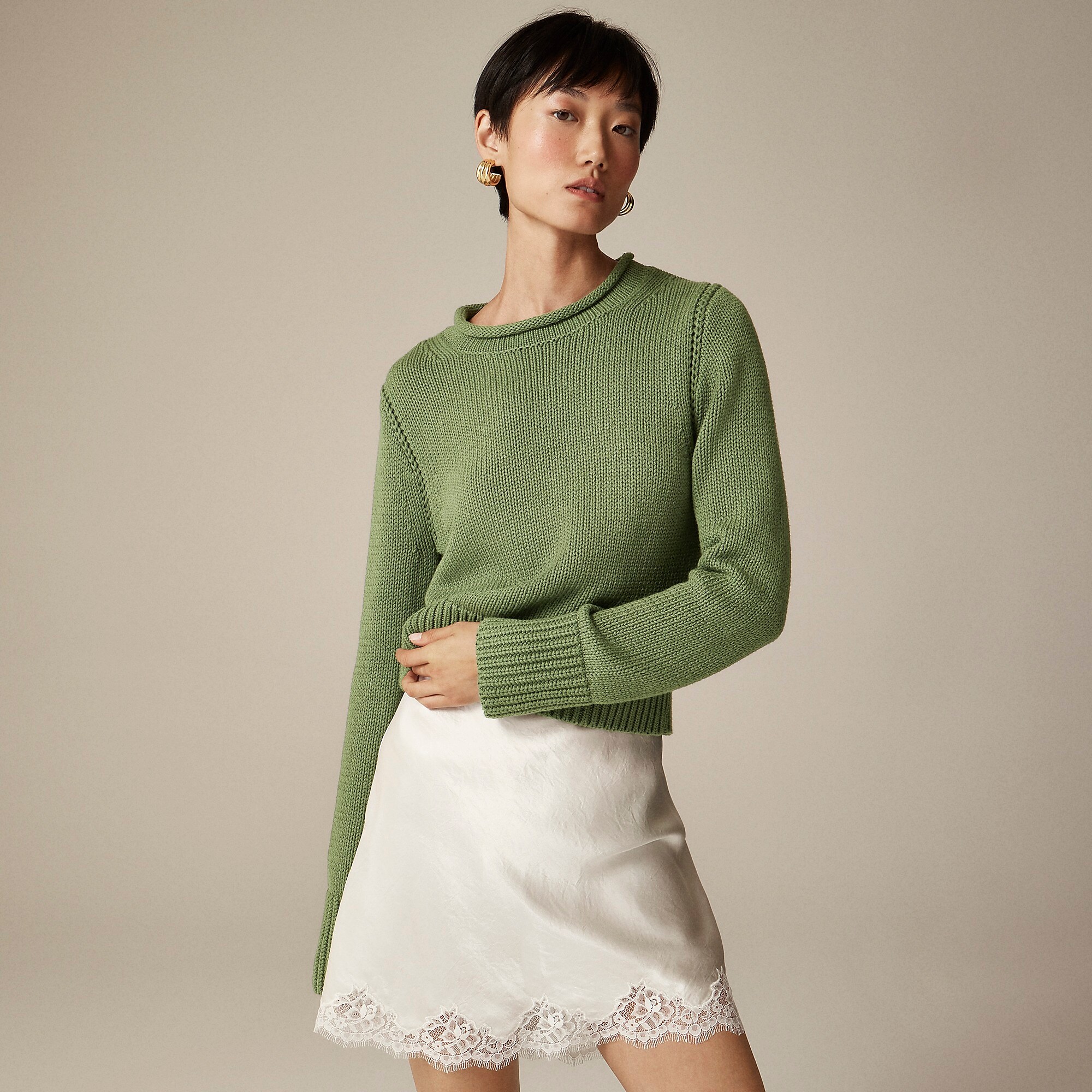 Heritage cotton Rollneck™ sweater in stripe-Midnight Moss