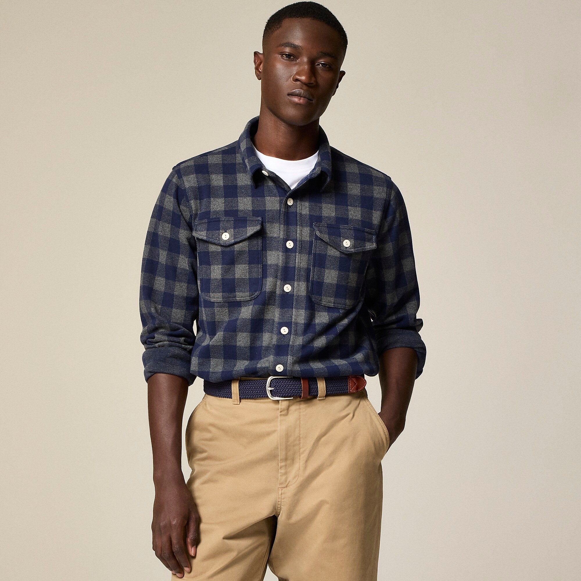 Seaboard soft-knit shirt in plaid-Embry Grey Navy