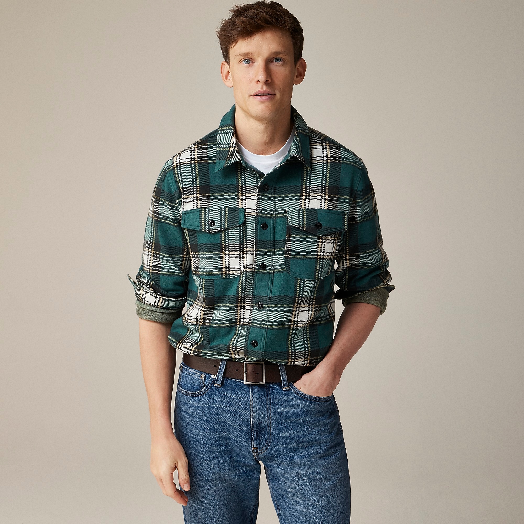 Seaboard soft-knit shirt in plaid- Ian Green Ivory