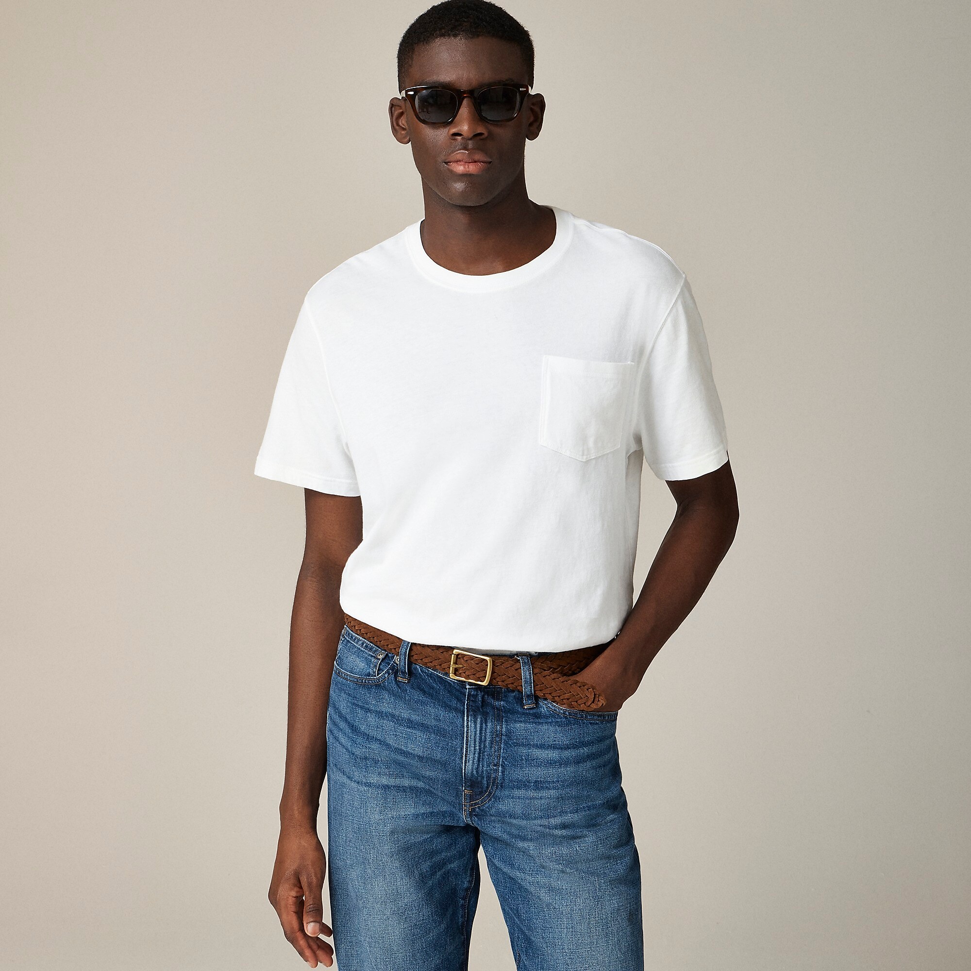 Vintage-wash cotton pocket T-shirt-White