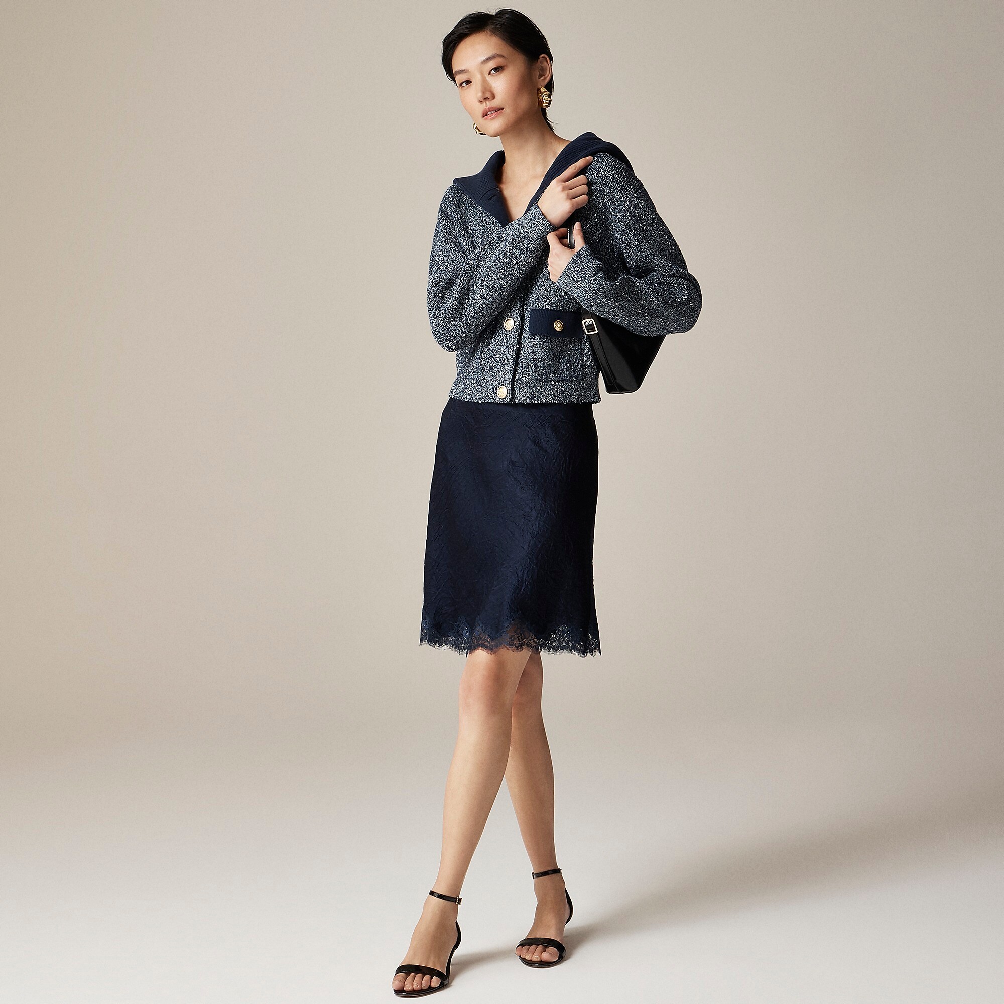 Marled sailor-collar cardigan sweater-Navy Marl