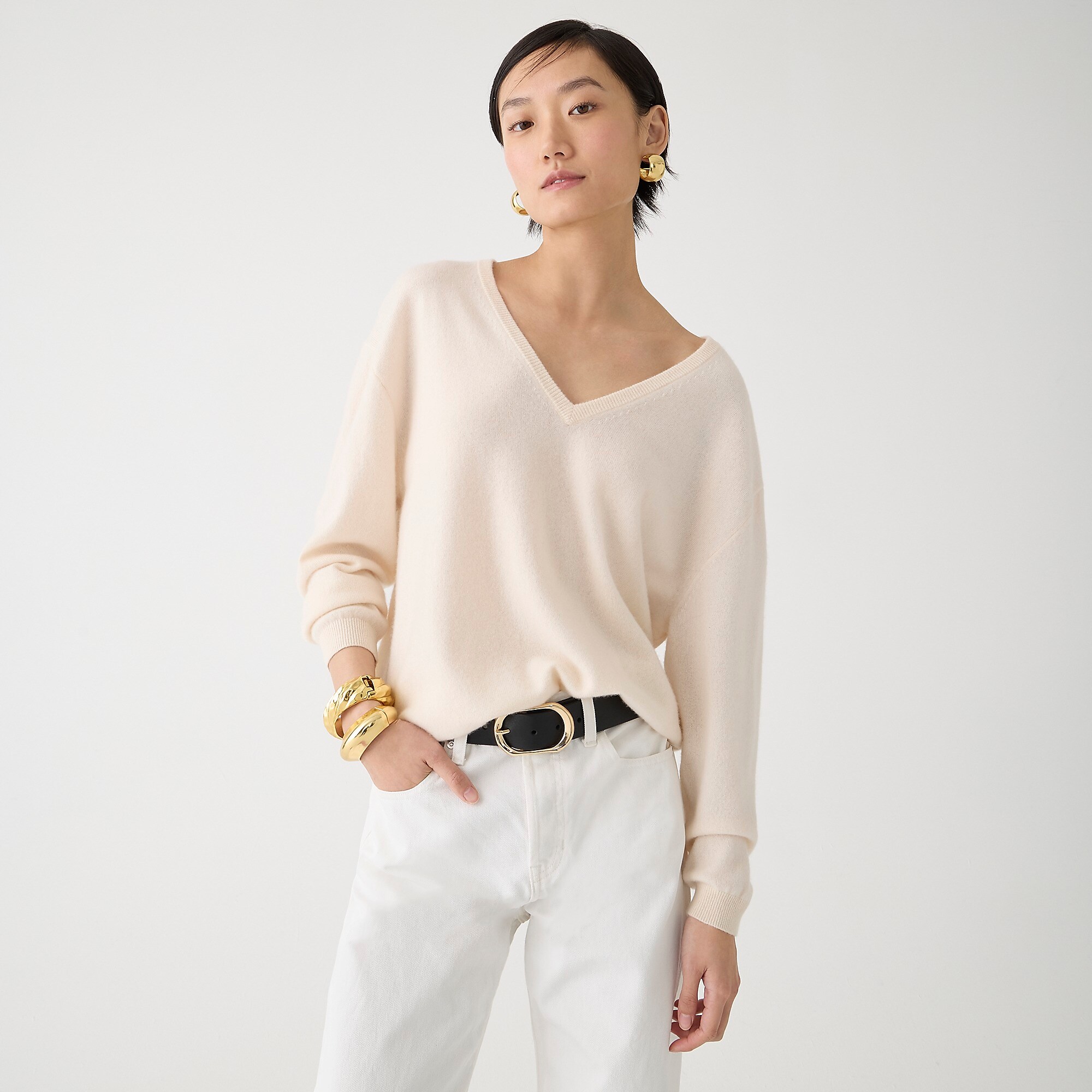 Cashmere relaxed V-neck sweater-Hthr Muslin