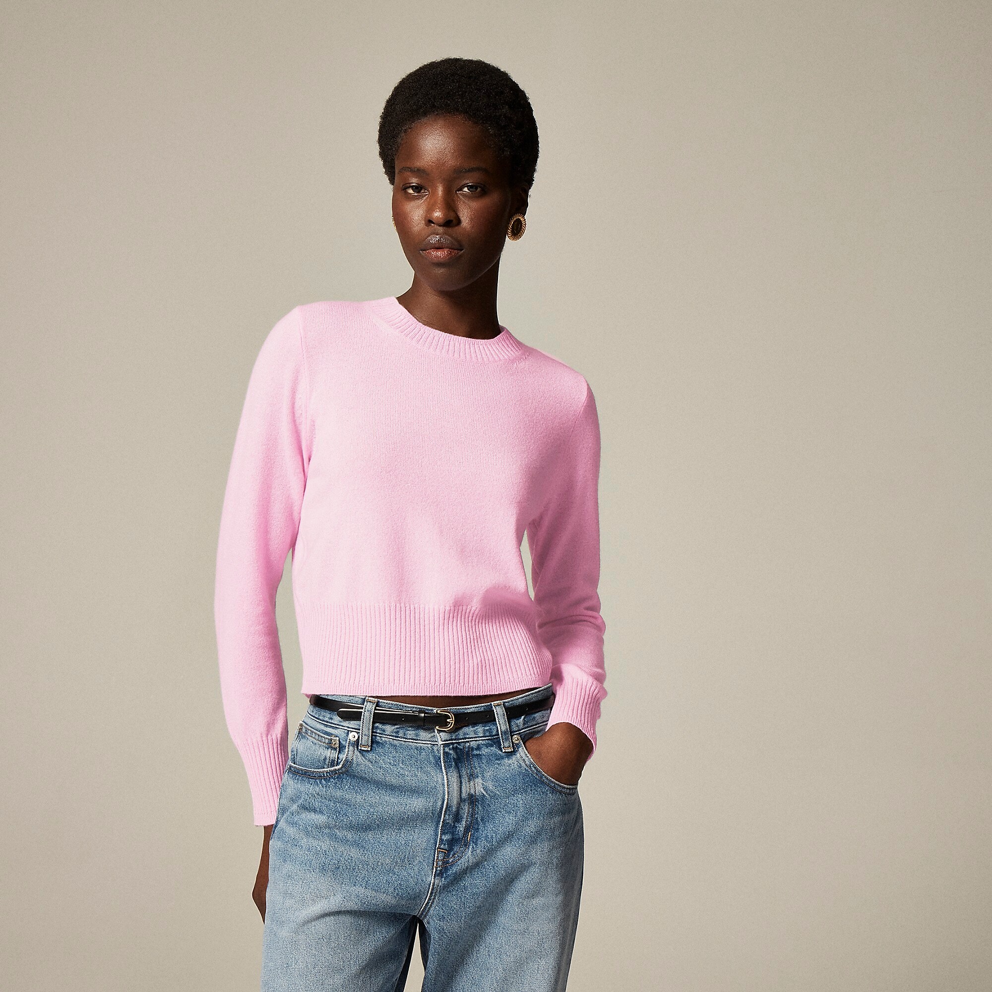 Cashmere shrunken crewneck sweater-Icy Pink