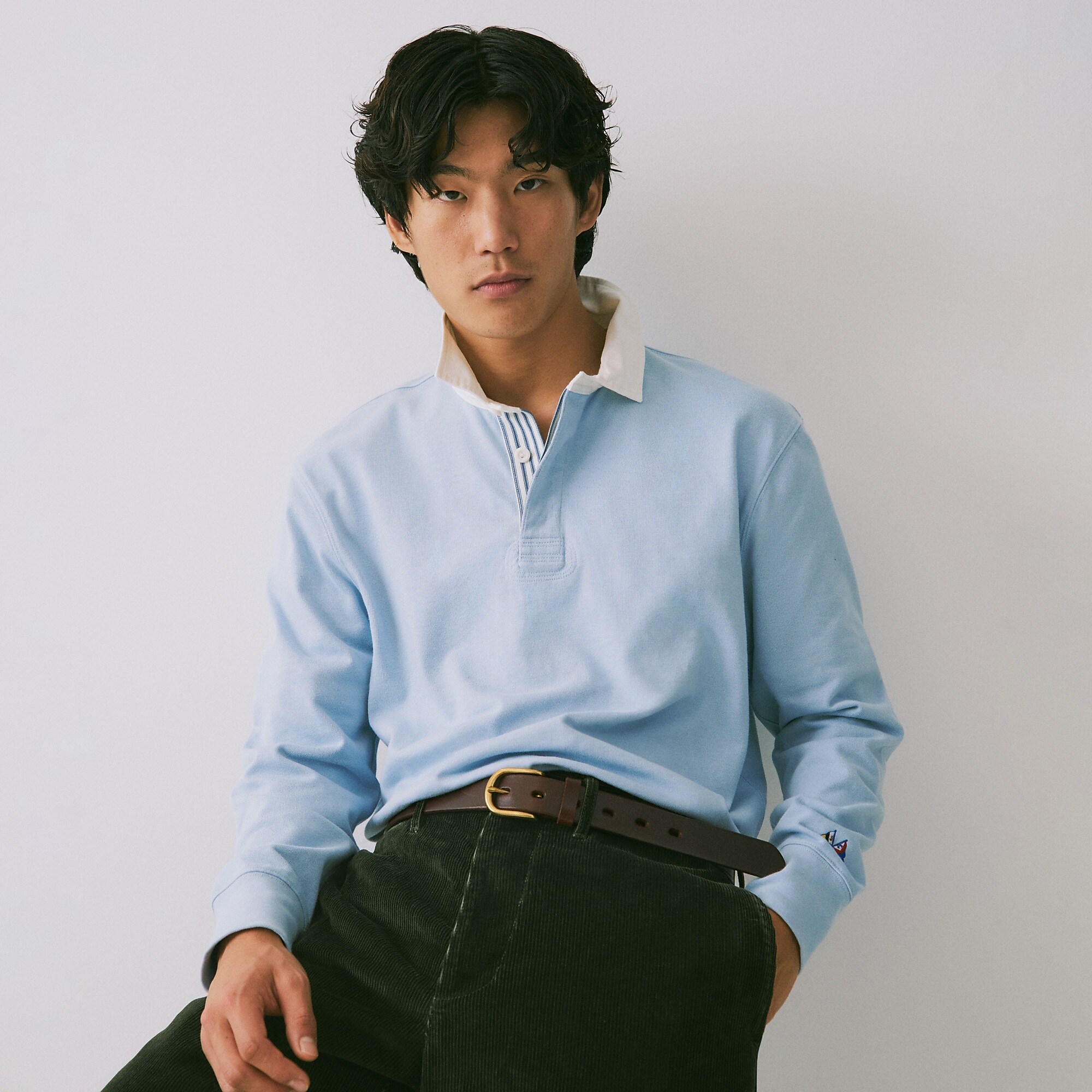 Rugby shirt with striped placket-Faded Chambray