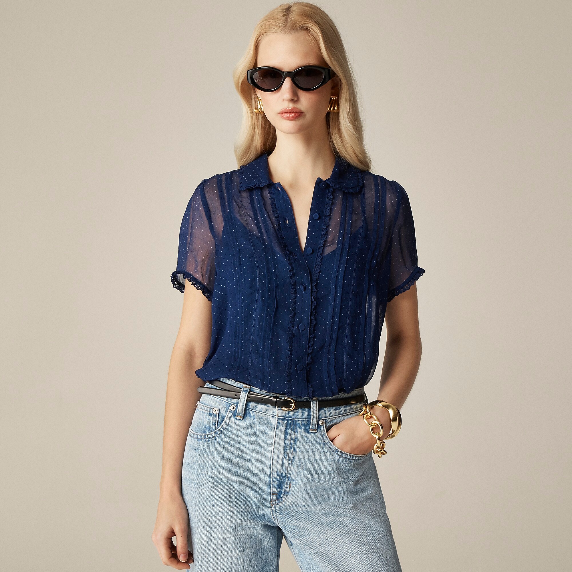 Sheer lace-trim button-up shirt in dot crinkle chiffon-Dark Evening