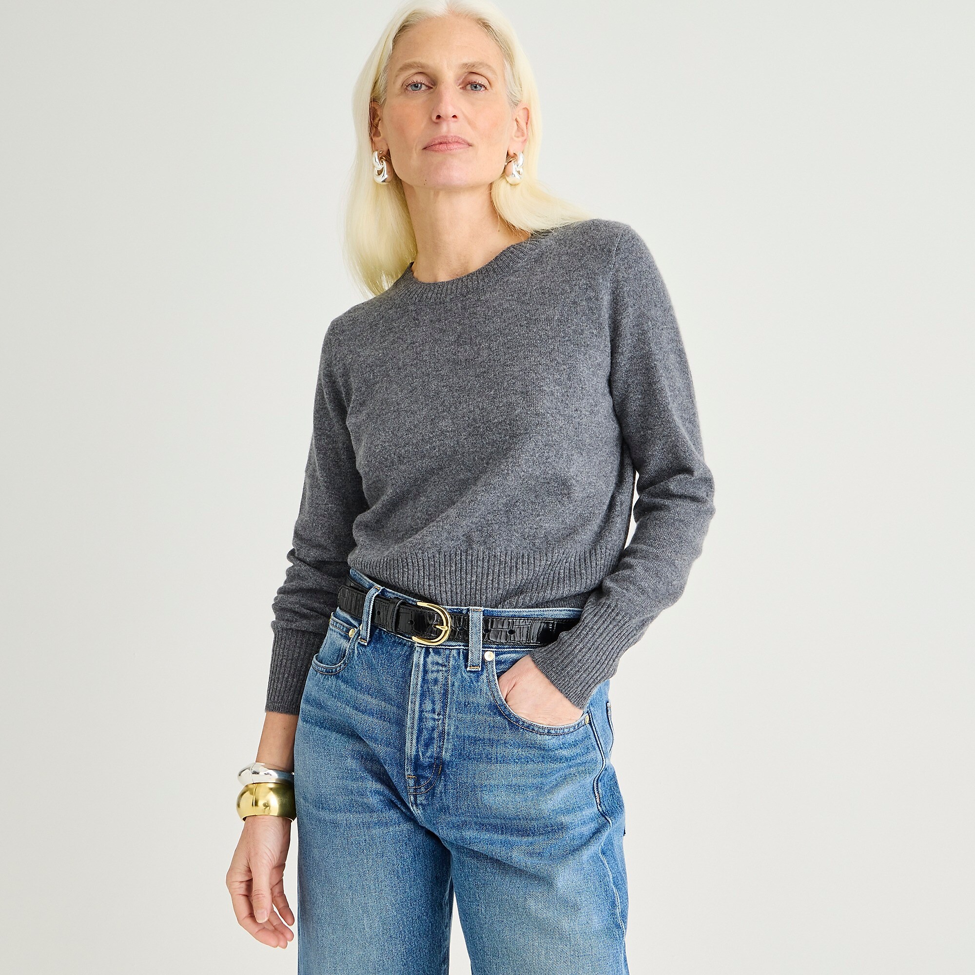 Cashmere shrunken crewneck sweater-Hthr Charcoal