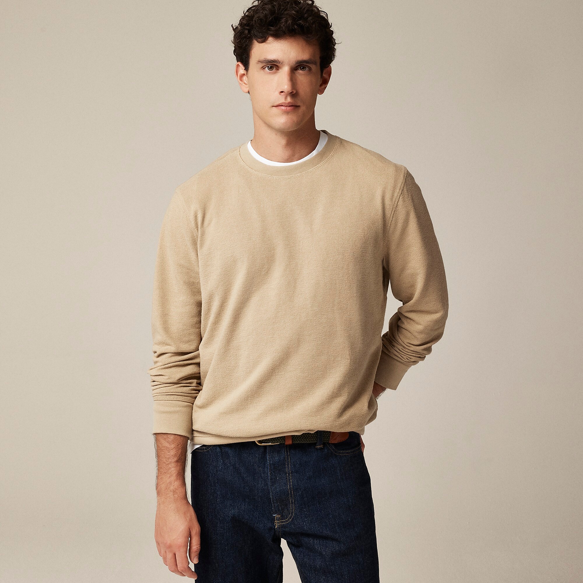 Long-sleeve textured sweater-tee-Khaki Single Dye