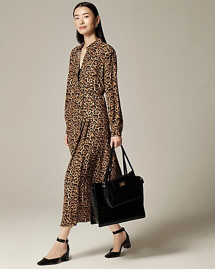 Drapey pleated shirtdress in leopard print-Brown