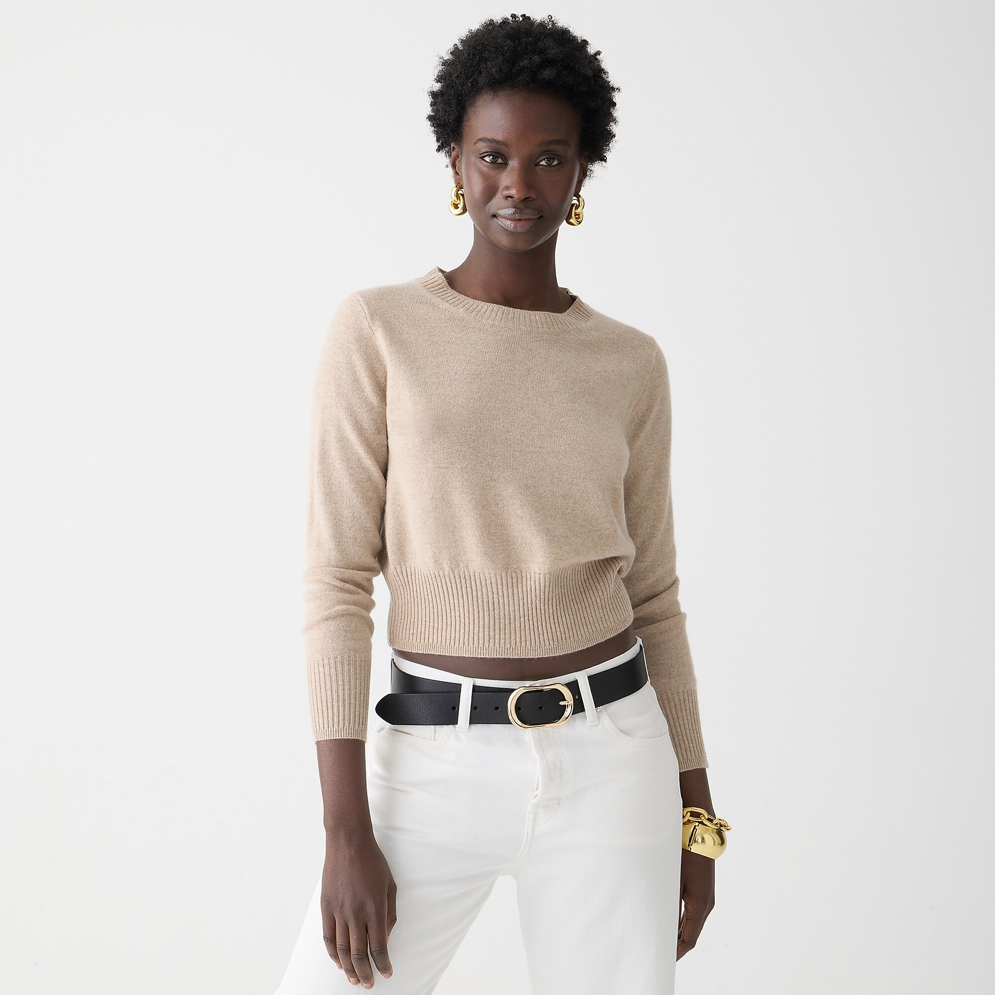Cashmere shrunken crewneck sweater-Hthr Stone